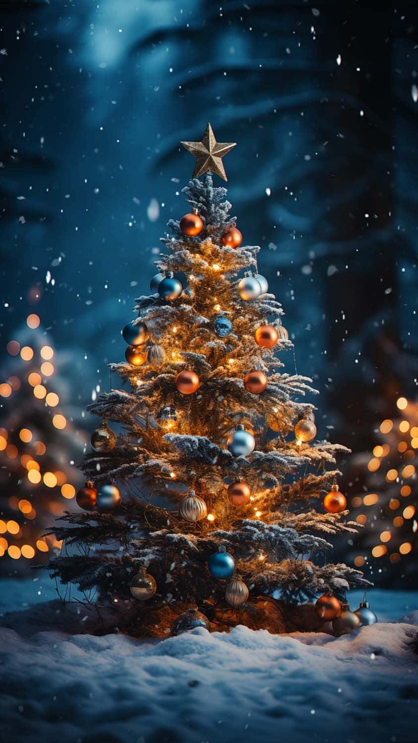  壁紙 — 一棵覆蓋著雪的聖誕樹，裝飾著閃爍的燈光和金屬飾品，矗立在繁星點點的夜空下，雪花飄落。