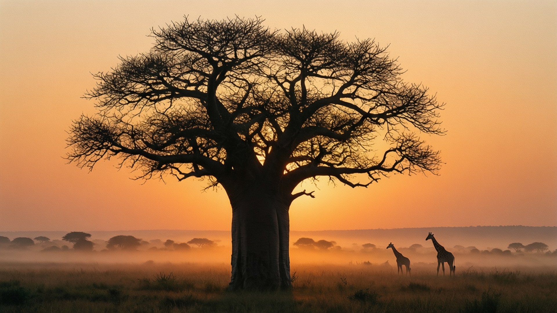 Savanna Baobab Dawn 壁紙 — 一棵孤獨的猴麵包樹在金色日出中形成剪影，兩隻長頸鹿站在霧氣籠罩的稀樹草原上。