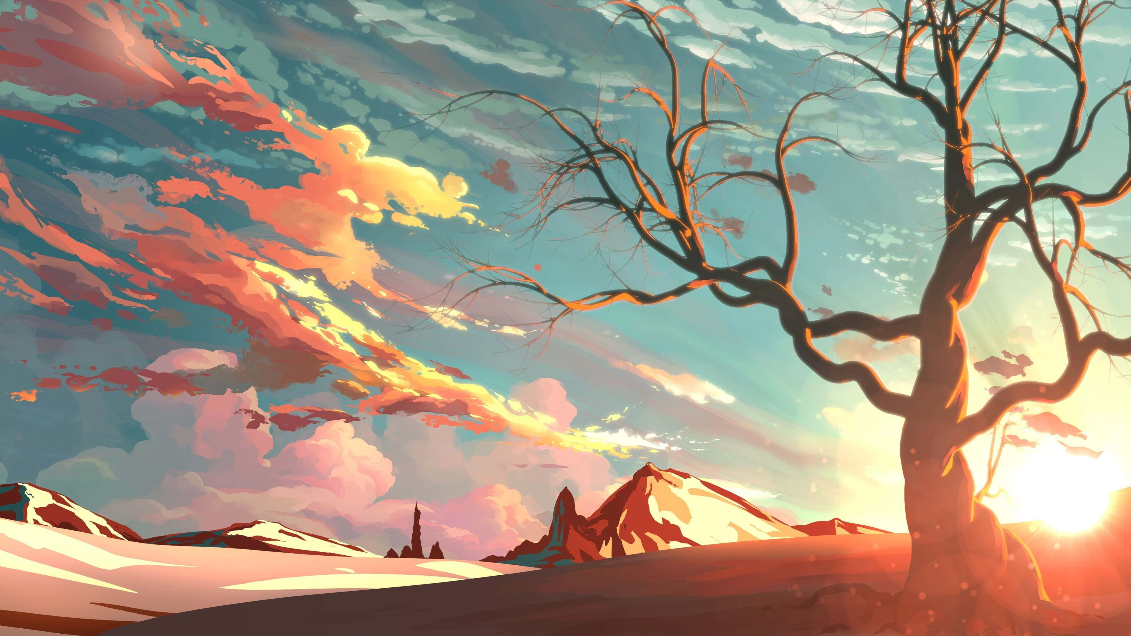 Sunset Painting 桌布 壁紙 — 一棵孤獨的裸樹在夕陽映照下形成剪影，天空呈現橙、粉紅和藍色條紋，背景是積雪的山峰。