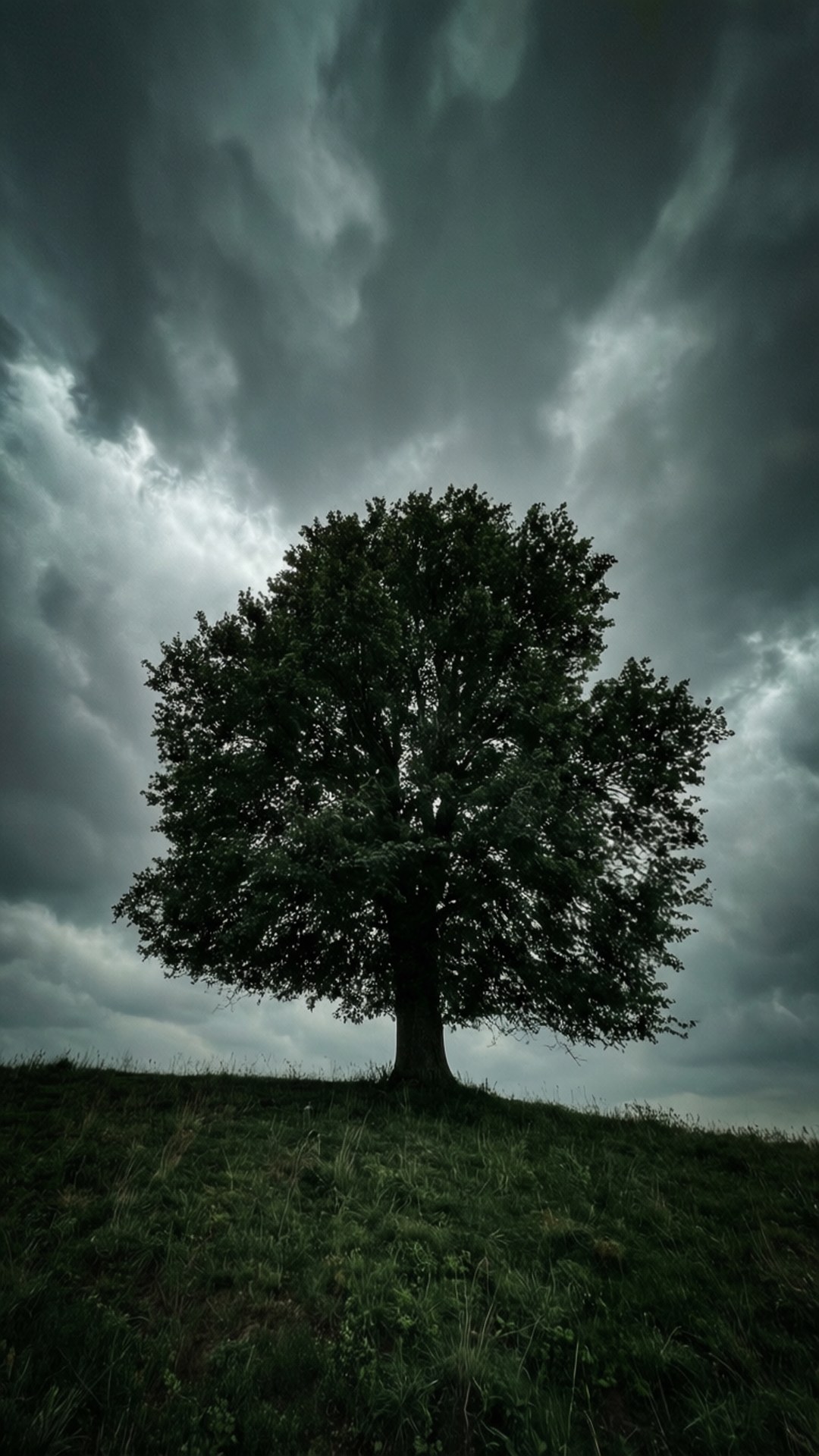 Lone Tree Hill 壁紙 — 一棵孤獨的樹在長滿草的山丘上，以戲劇性的暴風雨天空為背景形成剪影。