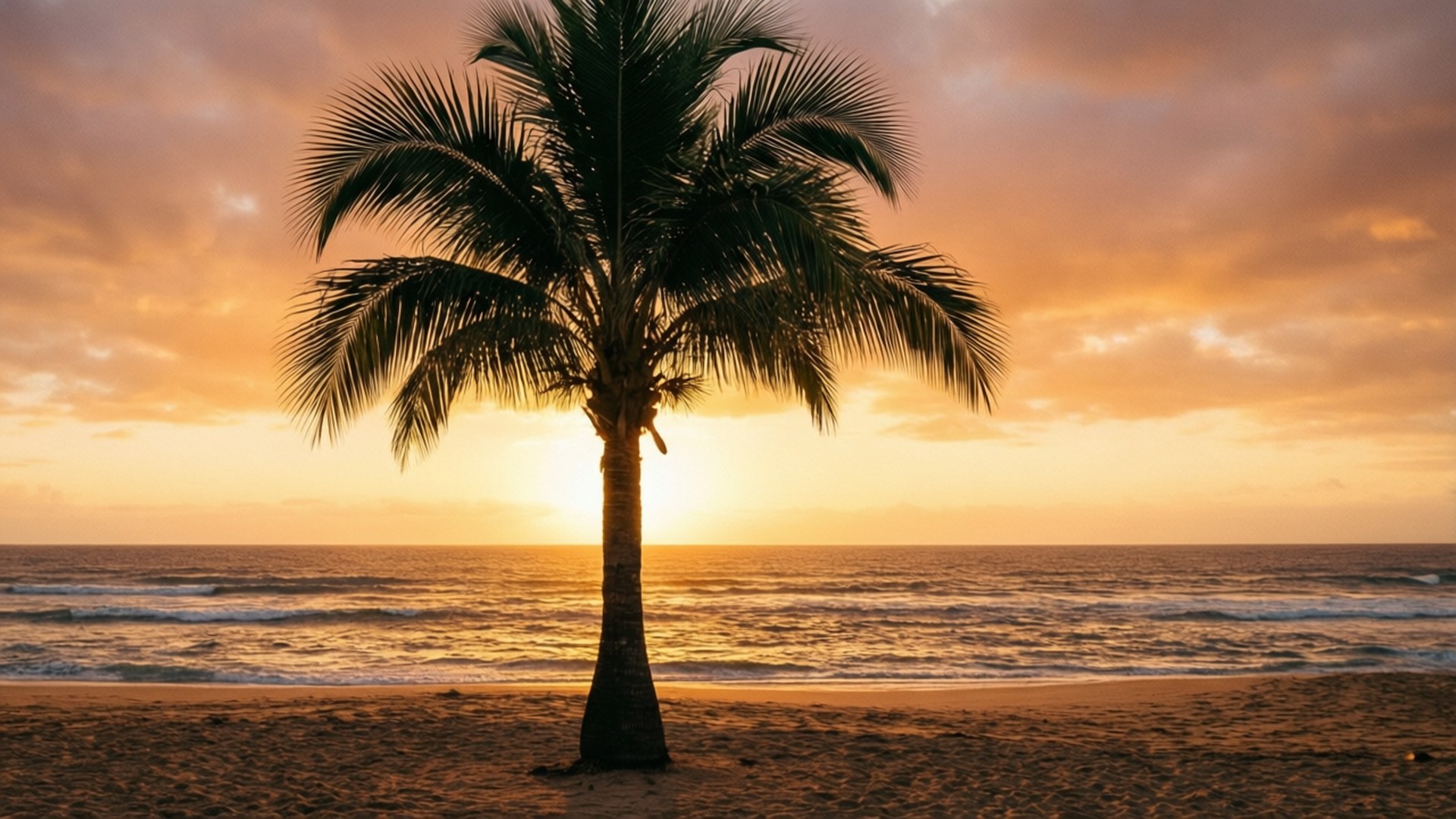 Golden Sunset Palm 壁紙 — 一棵孤獨的棕櫚樹在沙灘上形成剪影，夕陽在它身後落下，將金色光芒灑向海洋。
