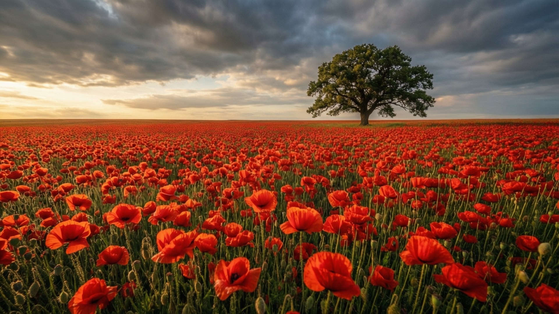 Endless Red Poppies 壁紙 — 一棵孤獨雄偉的樹木矗立在廣闊的鮮紅色罌粟花田中央，背景是戲劇性的多雲日落天空。
