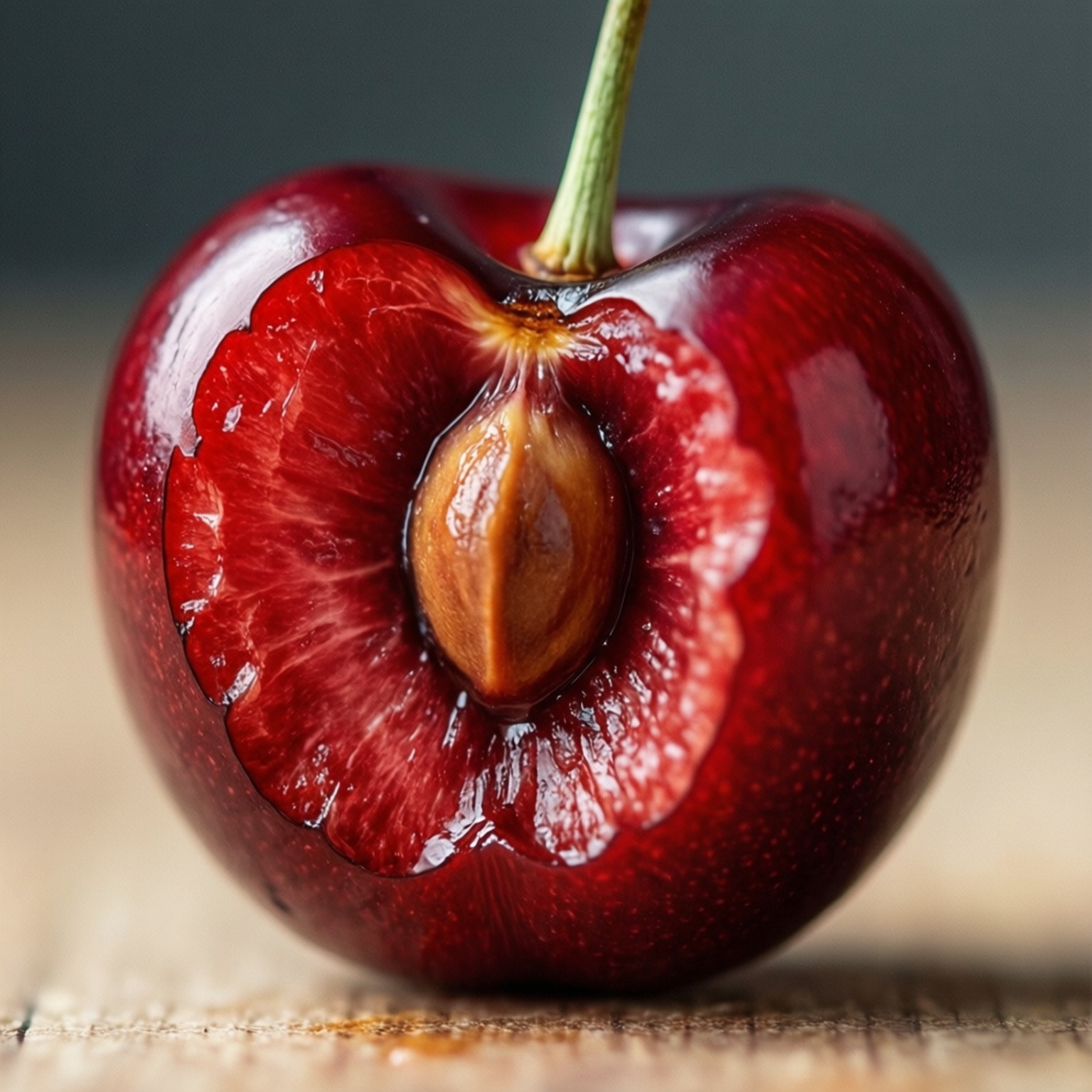 Bitten Cherry 壁紙 — 一顆光澤深紅的櫻桃裂開，露出多汁的內部及棕色果核，置於木質表面上。