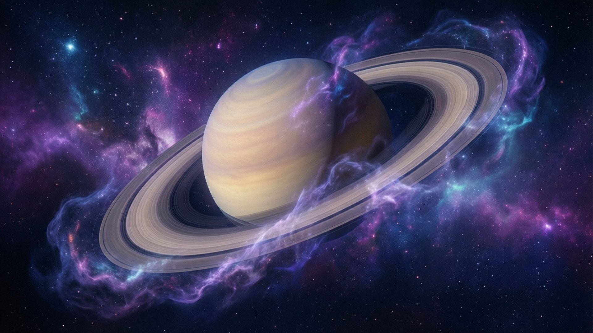 Nebula Veiled Saturn 壁紙 — 一顆宏偉的環狀行星在旋轉的紫色和藍色星雲中發光，背景是繁星點點的宇宙天空。