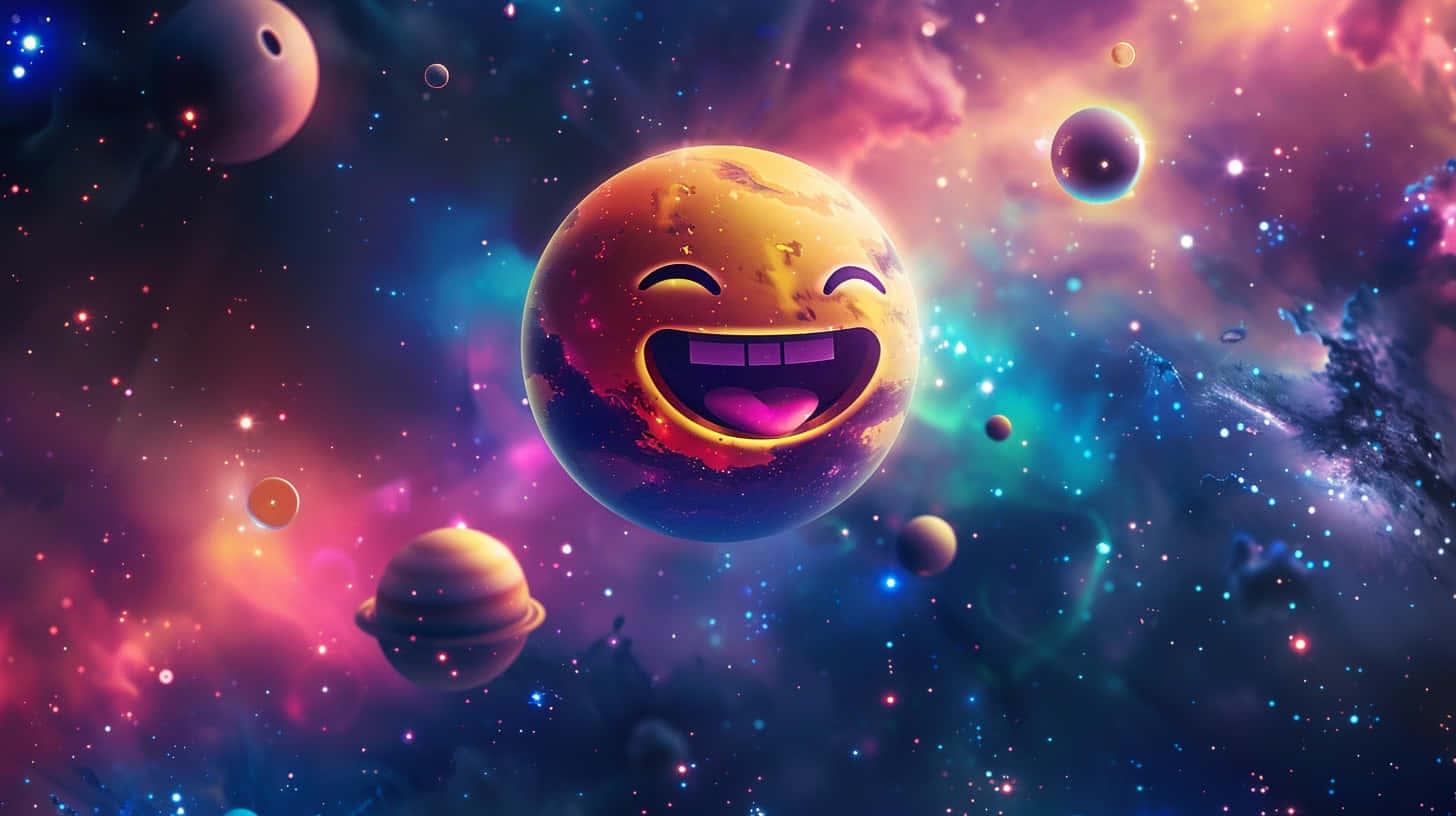 壁紙 — 一顆歡樂微笑的行星，帶有發光的牙齒，漂浮在色彩繽紛的星雲和環繞的衛星之間，構成一個充滿活力的宇宙場景。
