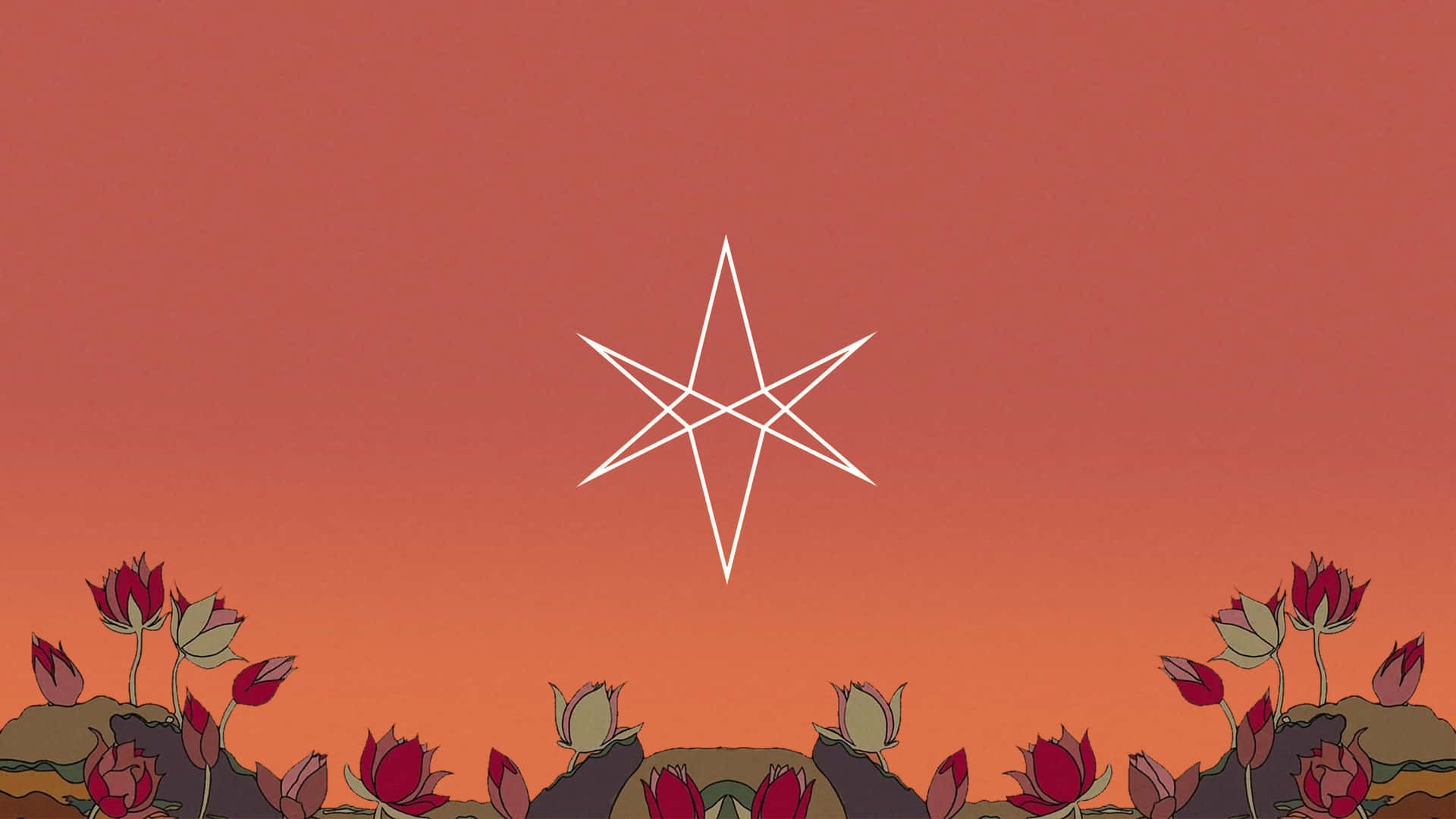  壁紙 — 一顆極簡風格的白色星星漂浮在一排風格化的紅綠花朵之上，背景是漸變的日落天空。