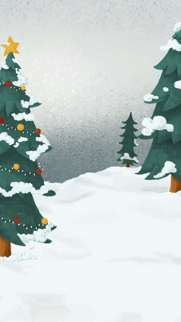  壁紙 — 一棵節日聖誕樹，裝飾著彩色燈光和星星，矗立在飄雪中的雪地森林裡。