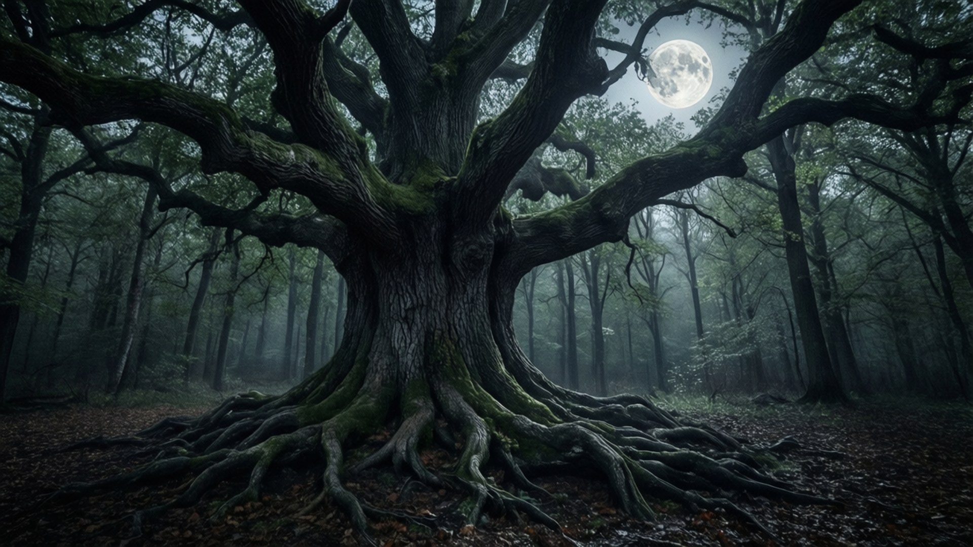 Gnarled Oak Under Full Moon 壁紙 — 一棵巨大的古樹，擁有蔓延的根和長滿苔蘚的樹皮，在明亮的滿月下主宰著迷霧森林。