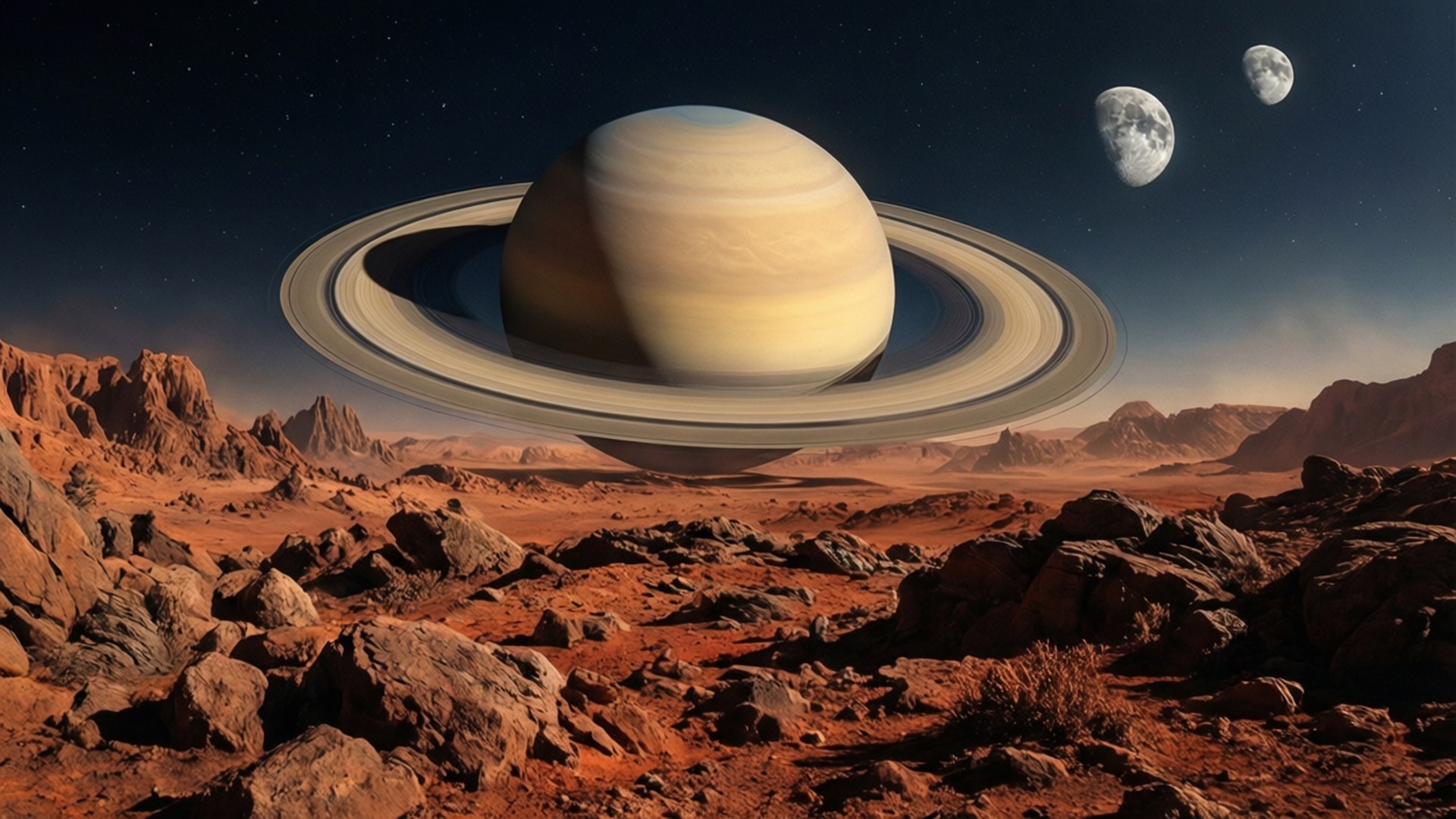 Alien Landscape Saturn 壁紙 — 一顆巨大的環狀行星在星空下籠罩著崎嶇的紅色外星沙漠，天空中有兩個月亮。