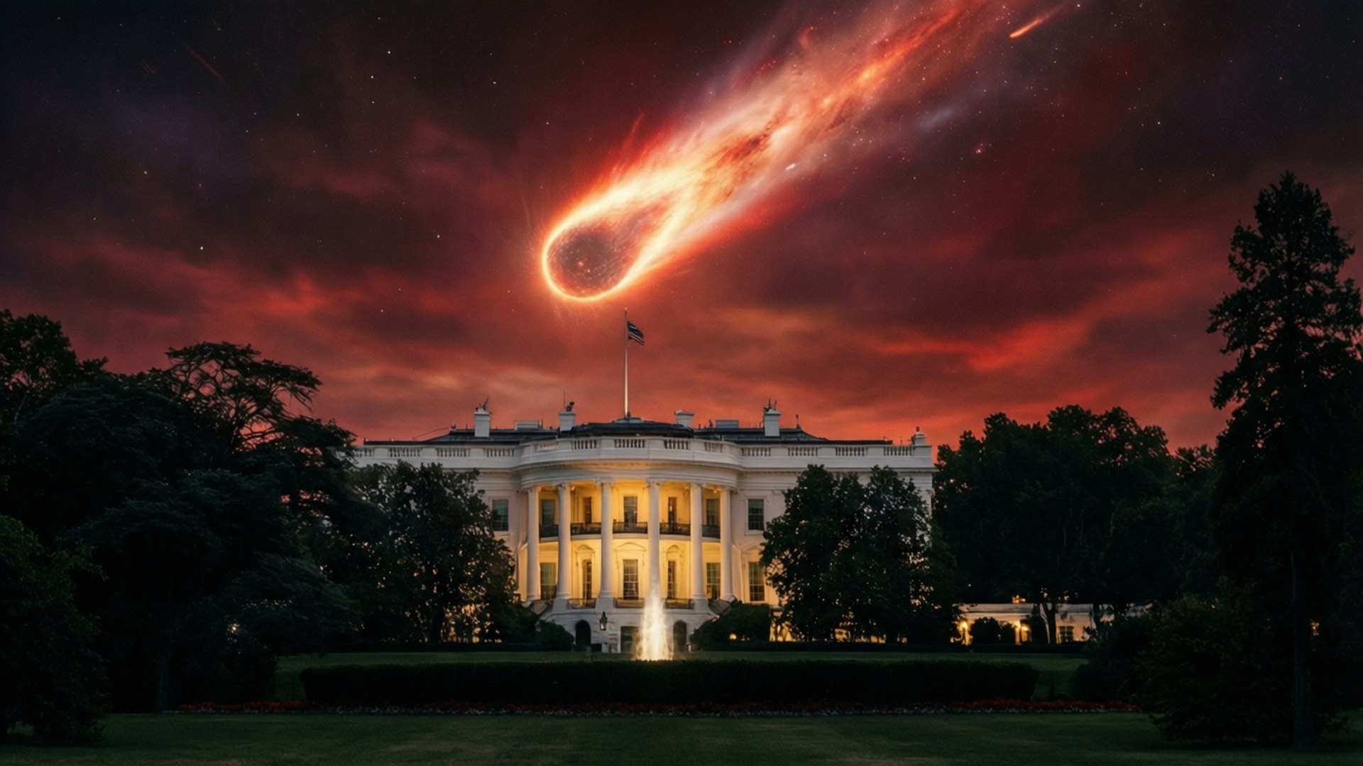 White House Under Comet 壁紙 — 一顆巨大的火彗星在夜間劃過血紅色的天空，照耀著白宮。