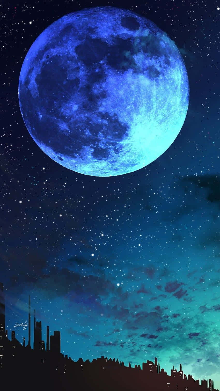  壁紙 — 一顆巨大的藍色發光月亮主宰著星空夜空，下方是帶有藍綠色雲朵的黑暗城市天際線。