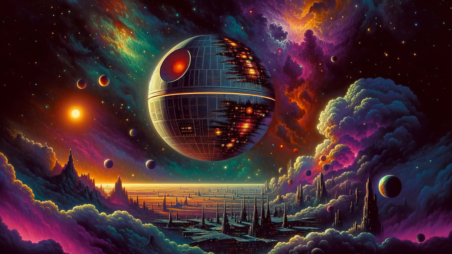  壁紙 — 一顆巨大的死星籠罩著一座未來城市，座落在充滿鮮豔星雲和漂浮行星的超現實宇宙景觀中。