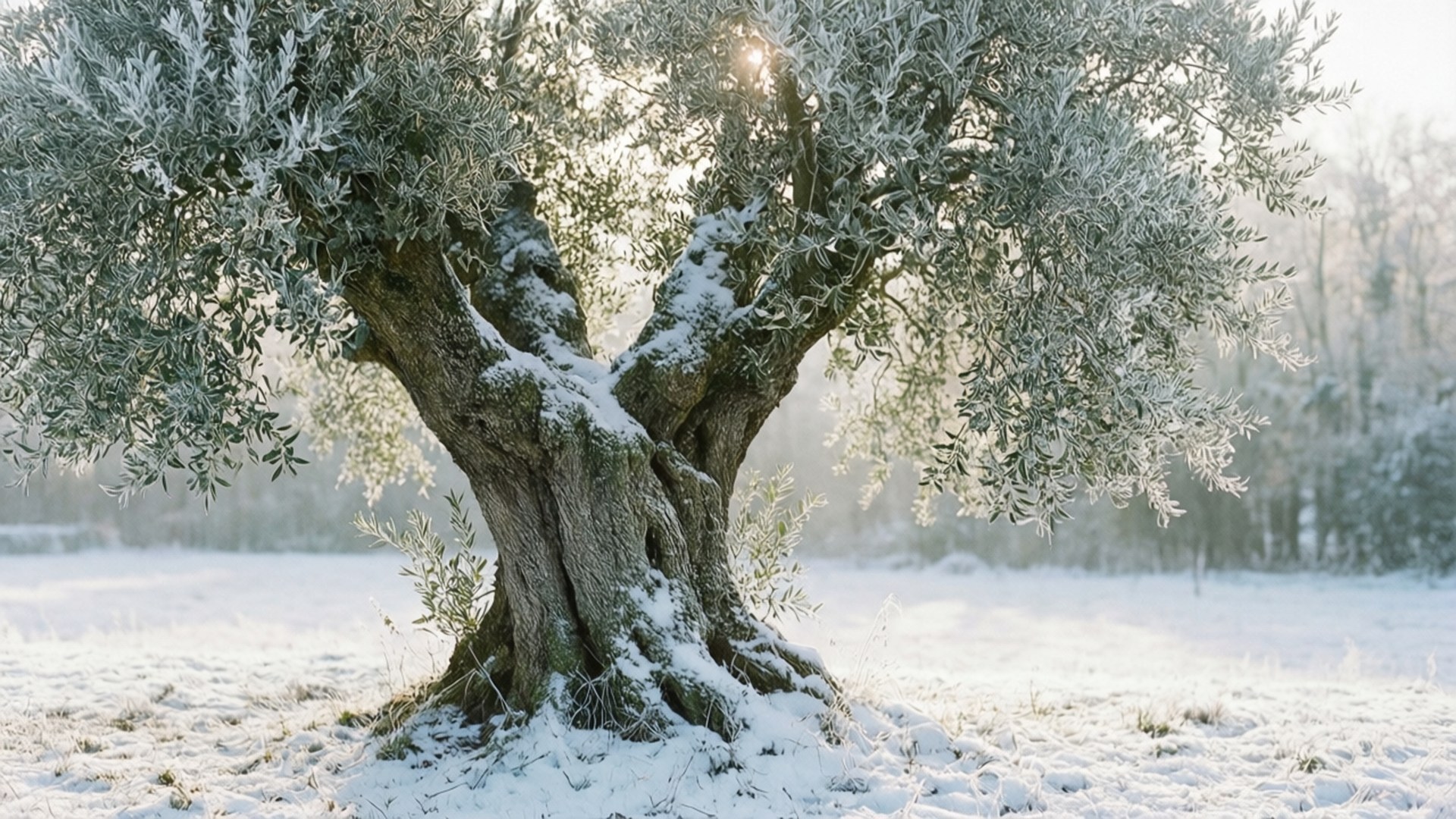 Snowy Olive Tree 壁紙 — 一棵披著雪的橄欖樹在霜凍的田野中堅韌地站立，柔和陽光穿過其枝葉。
