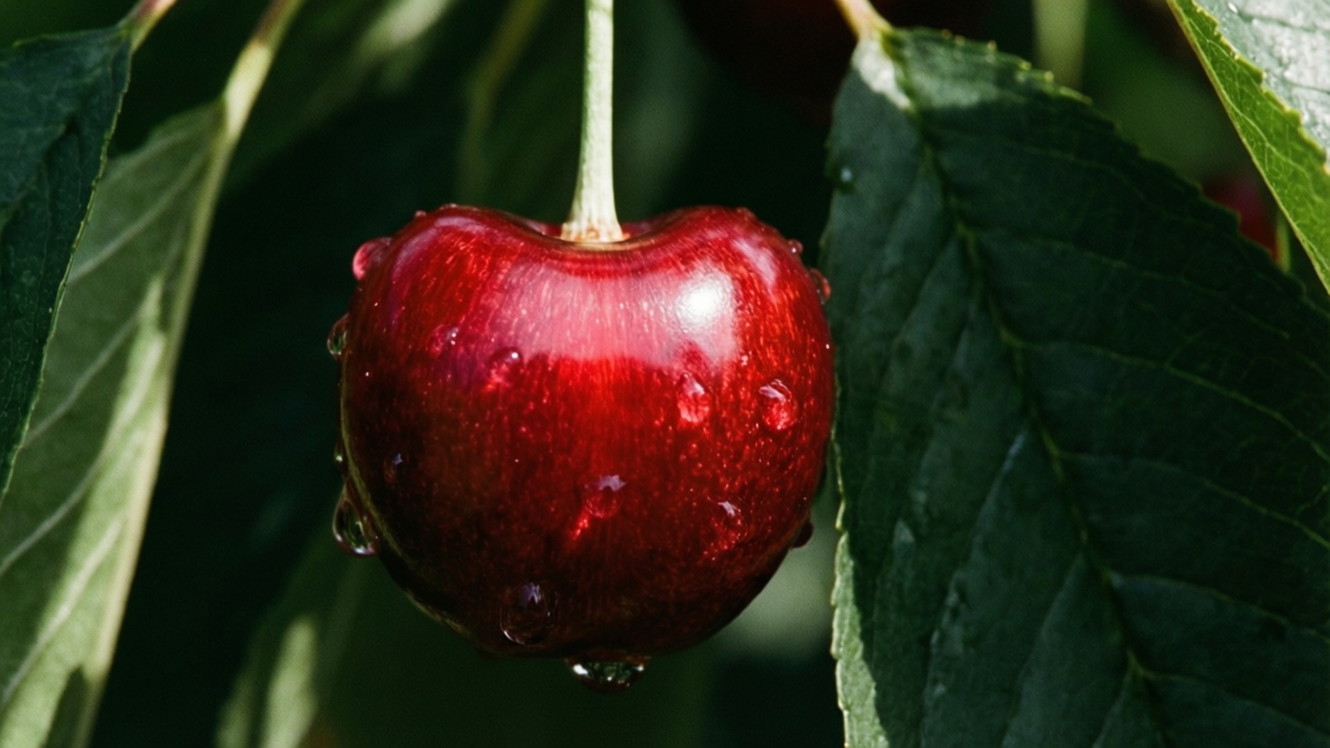 Morning Dew Cherry 壁紙 — 一顆閃亮的紅櫻桃掛在莖上，被帶有水珠的深綠色葉子包圍。