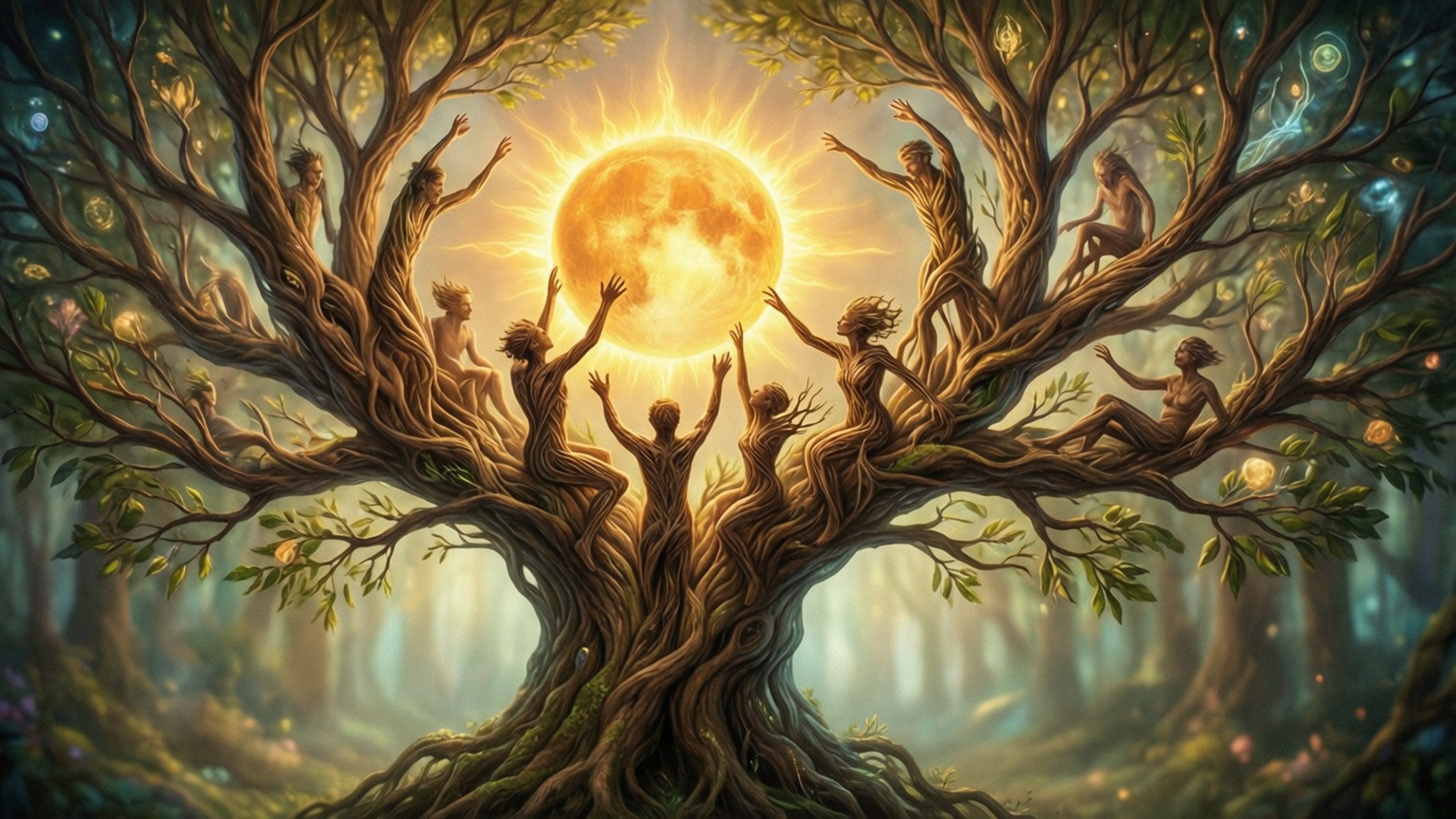 桌布 壁紙 — 一棵神秘的樹，樹枝上出現人形，在夢幻般的森林中伸向發光的太陽。