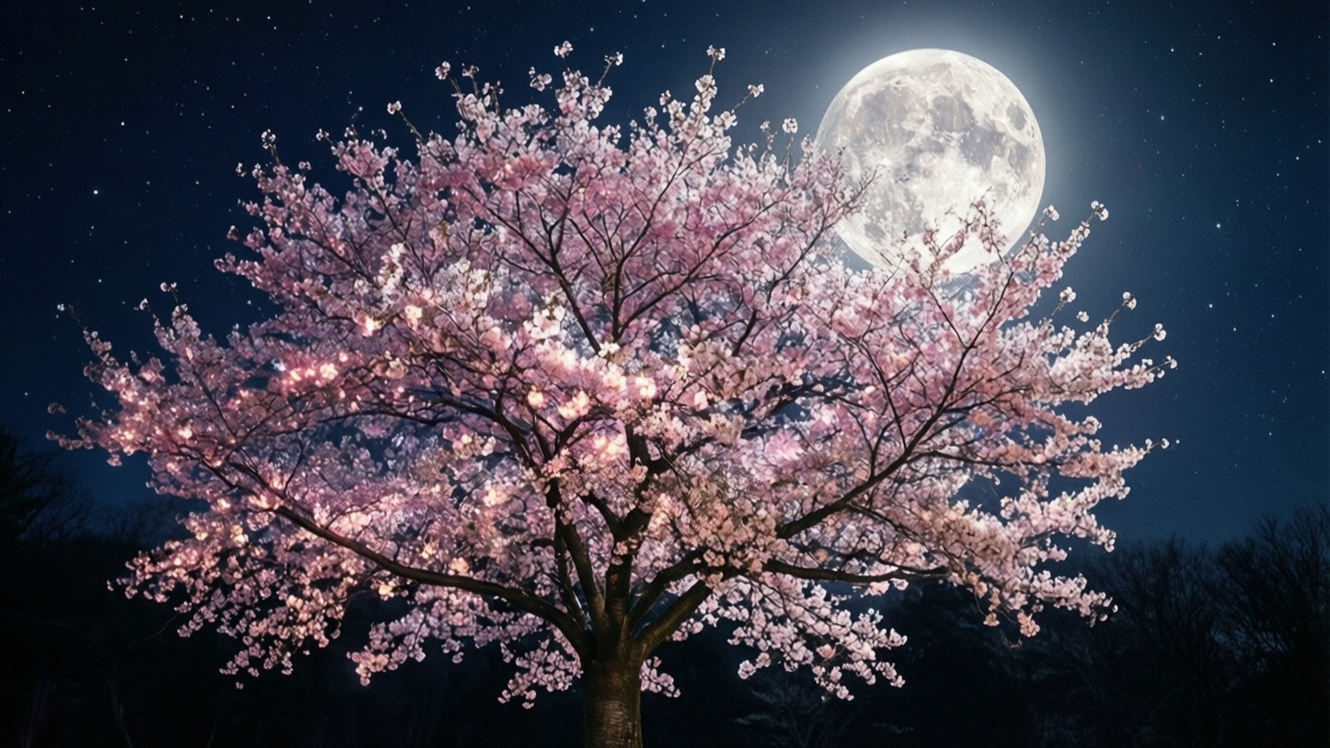 Moonlit Cherry Blossom 壁紙 — 一棵盛開的櫻花樹，粉紅色的花朵在滿月下，襯著繁星點點的夜空。