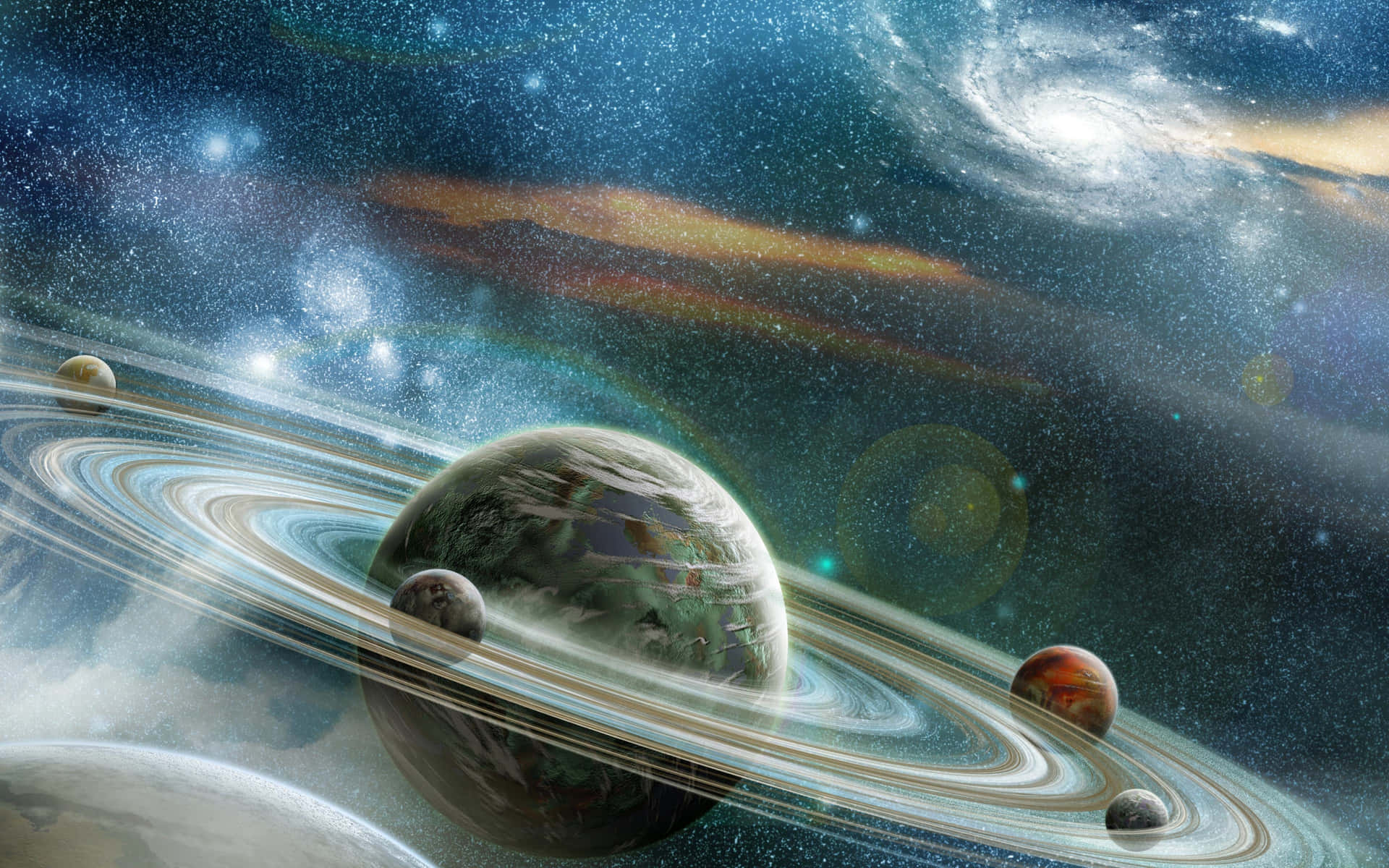 一顆環狀行星漂浮在色彩繽紛的星空星系中，周圍有發光的星雲和遙遠的天體。 — 月光 壁紙