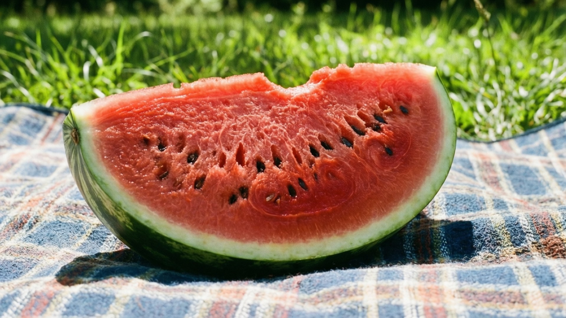 Watermelon Picnic Bliss 壁紙 — 一塊多汁的西瓜，帶有黑色種子，放在格子毯上，背景是陽光照耀的綠色草地。