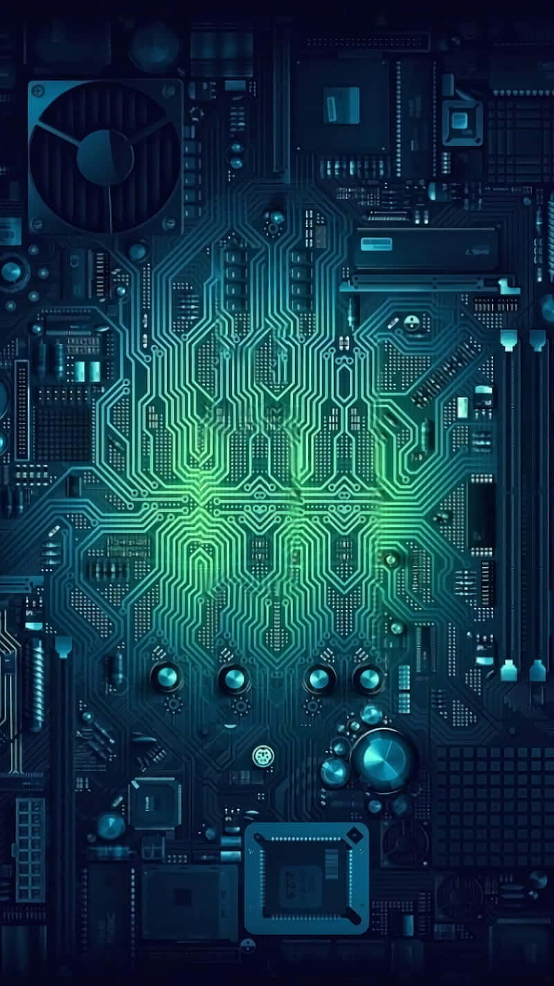  壁紙 — 一塊發光的綠色電路板，帶有複雜的路徑和元件，從中央核心向深藍色科技背景輻射。