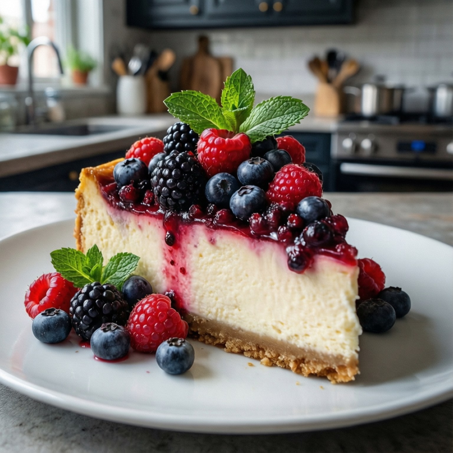 Mixed Berry Cheesecake 壁紙 — 一塊奶油起司蛋糕，上面鋪滿新鮮的覆盆子、黑莓、藍莓和薄荷，放在現代廚房的白色盤子上。