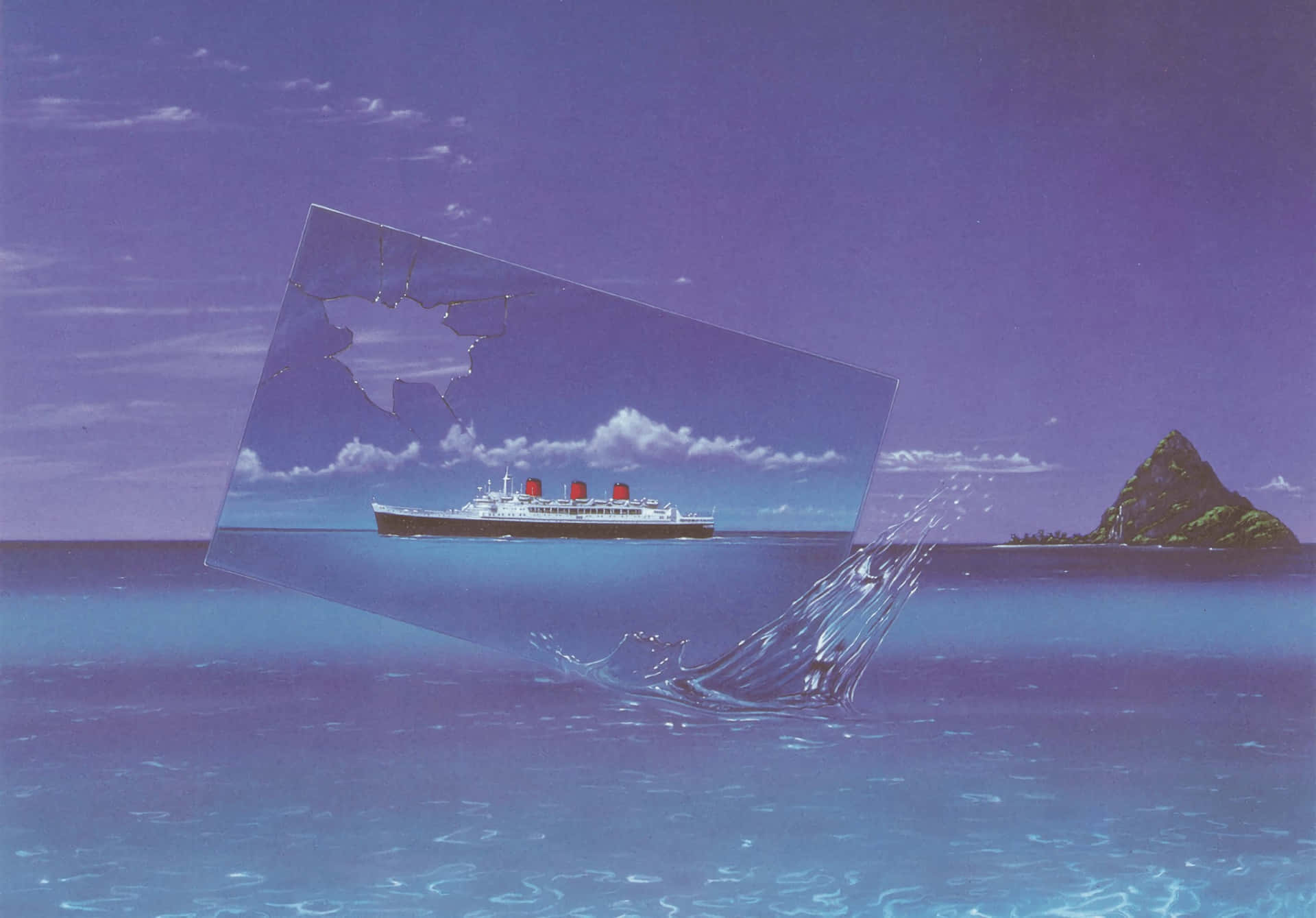  壁紙 — 一塊破碎的鏡子漂浮在海浪上，映出一艘遊輪，背景是紫色天空和遠處的島嶼。