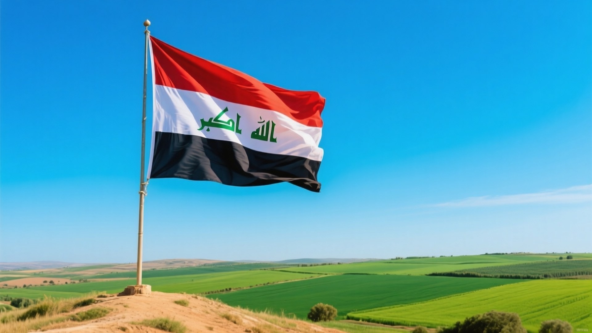 Iraqi Flag Waving 壁紙 — 伊拉克國旗在一個山丘上驕傲地飄揚，俯瞰著廣闊的綠色田野，天空清澈湛藍。