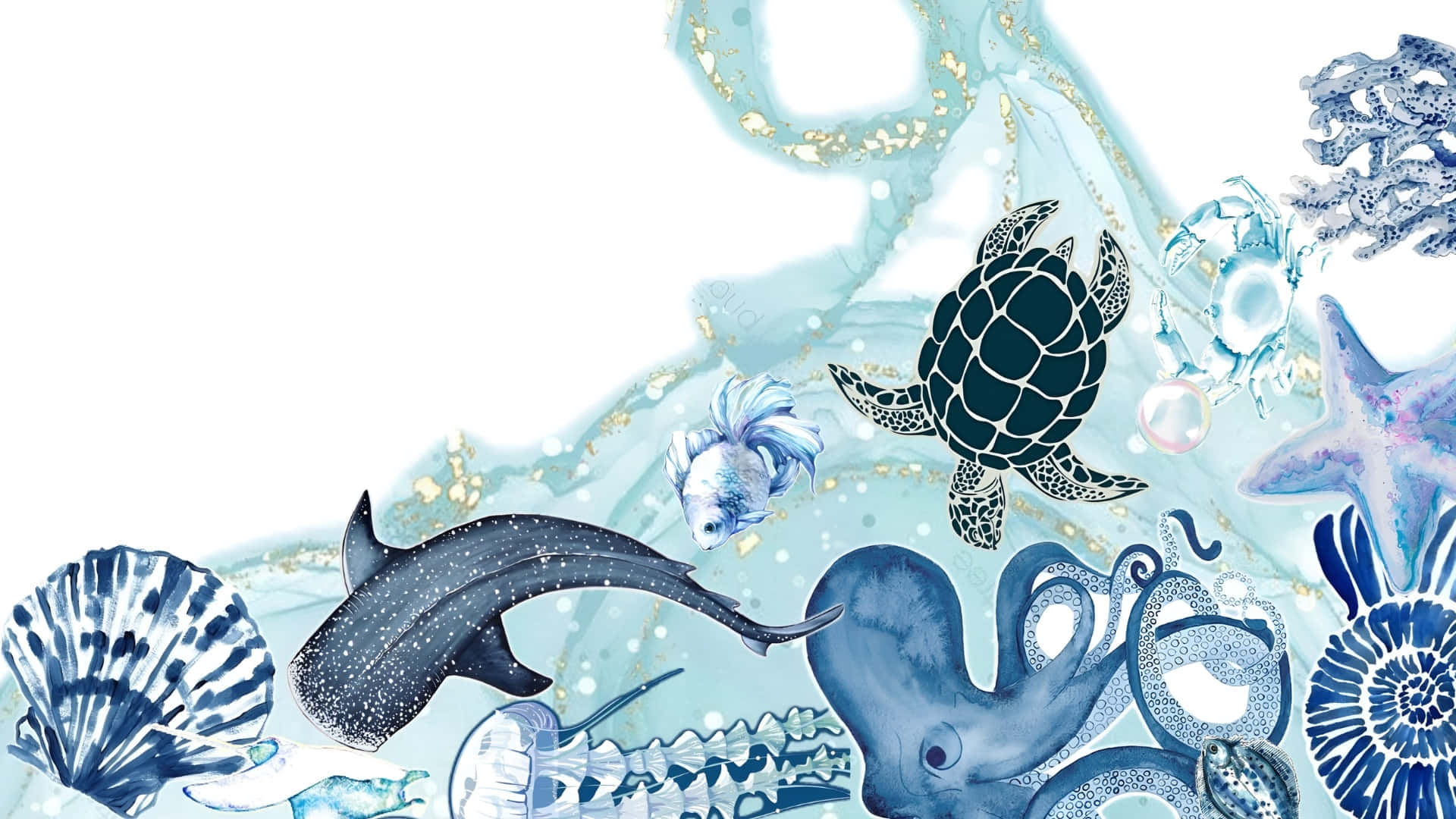  壁紙 — 以藍色和金色色調繪製的海洋生物水彩插圖，如鯊魚、海龜、章魚和海星。