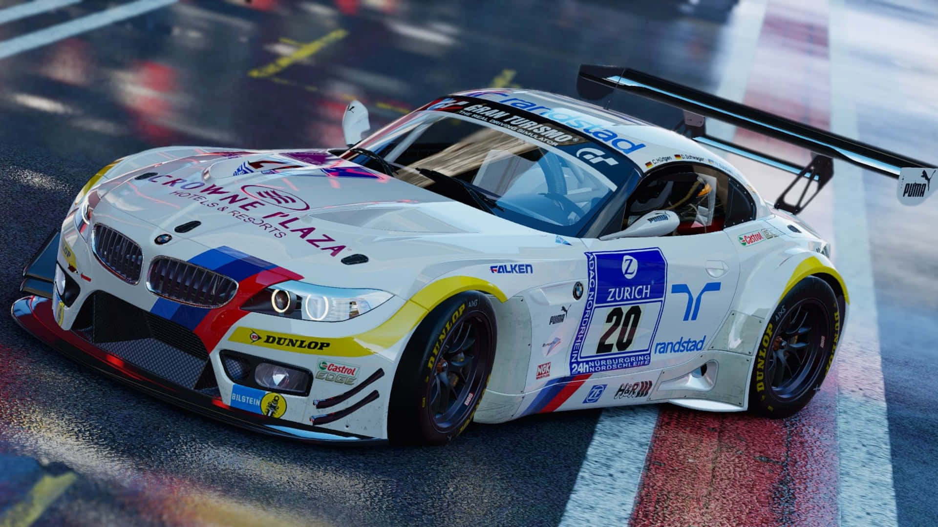 白色寶馬賽車20號在潮濕賽道上疾馳，帶有贊助商標誌。 — Project Cars 壁紙