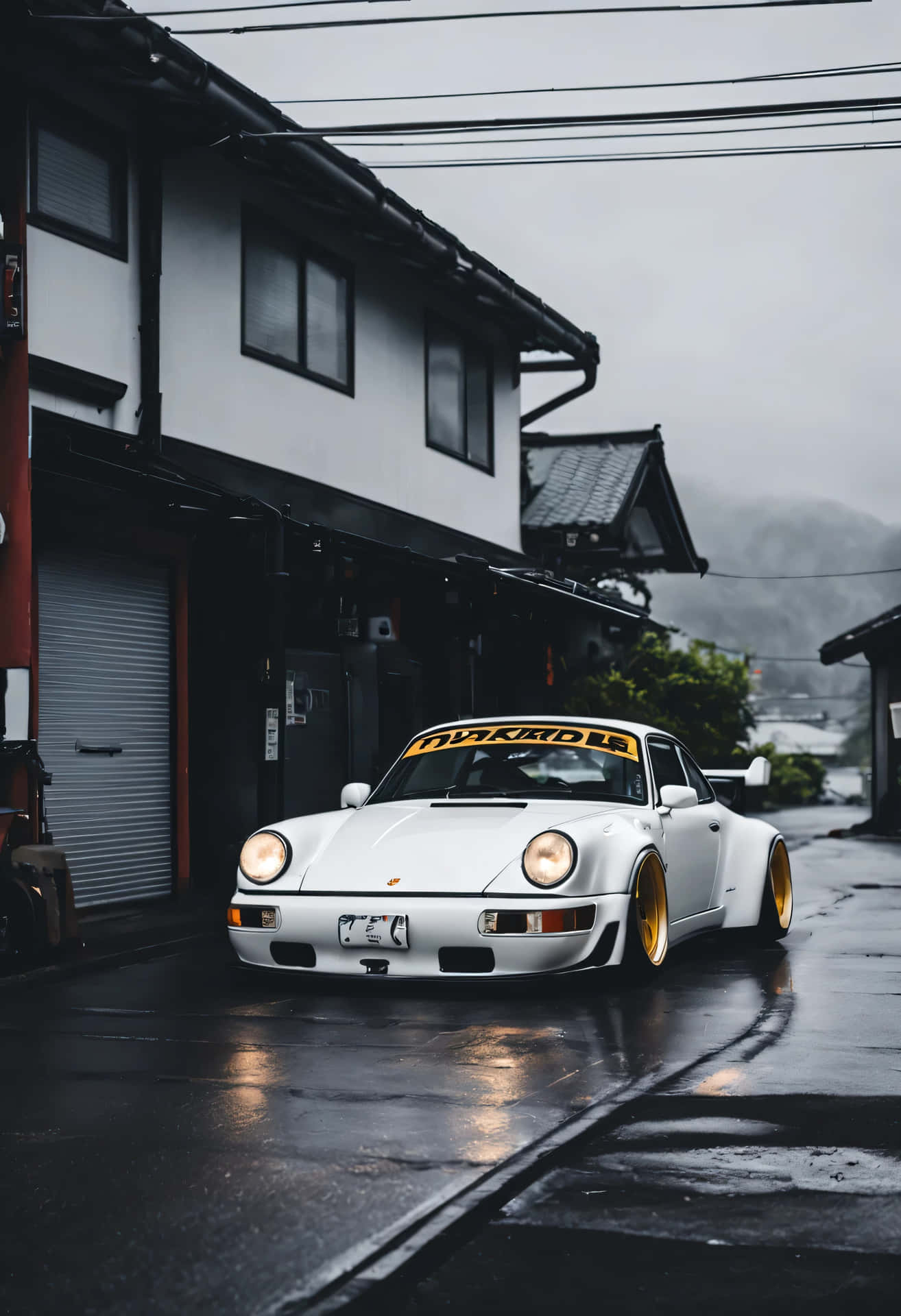  壁紙 — 一輛白色保時捷911搭配金色輪圈，在狹窄的日本街道上，傳統建築旁，雨中閃耀。