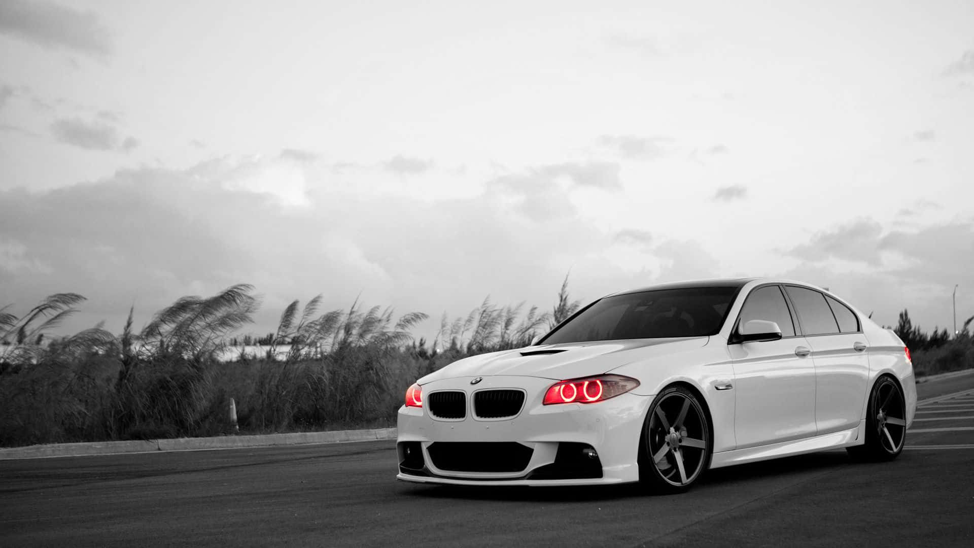 Bmw M5 桌布 壁紙 — 一輛白色BMW轎車，帶有發光的紅色圓形頭燈，在陰天天空下，行駛在長滿高草的馬路旁。
