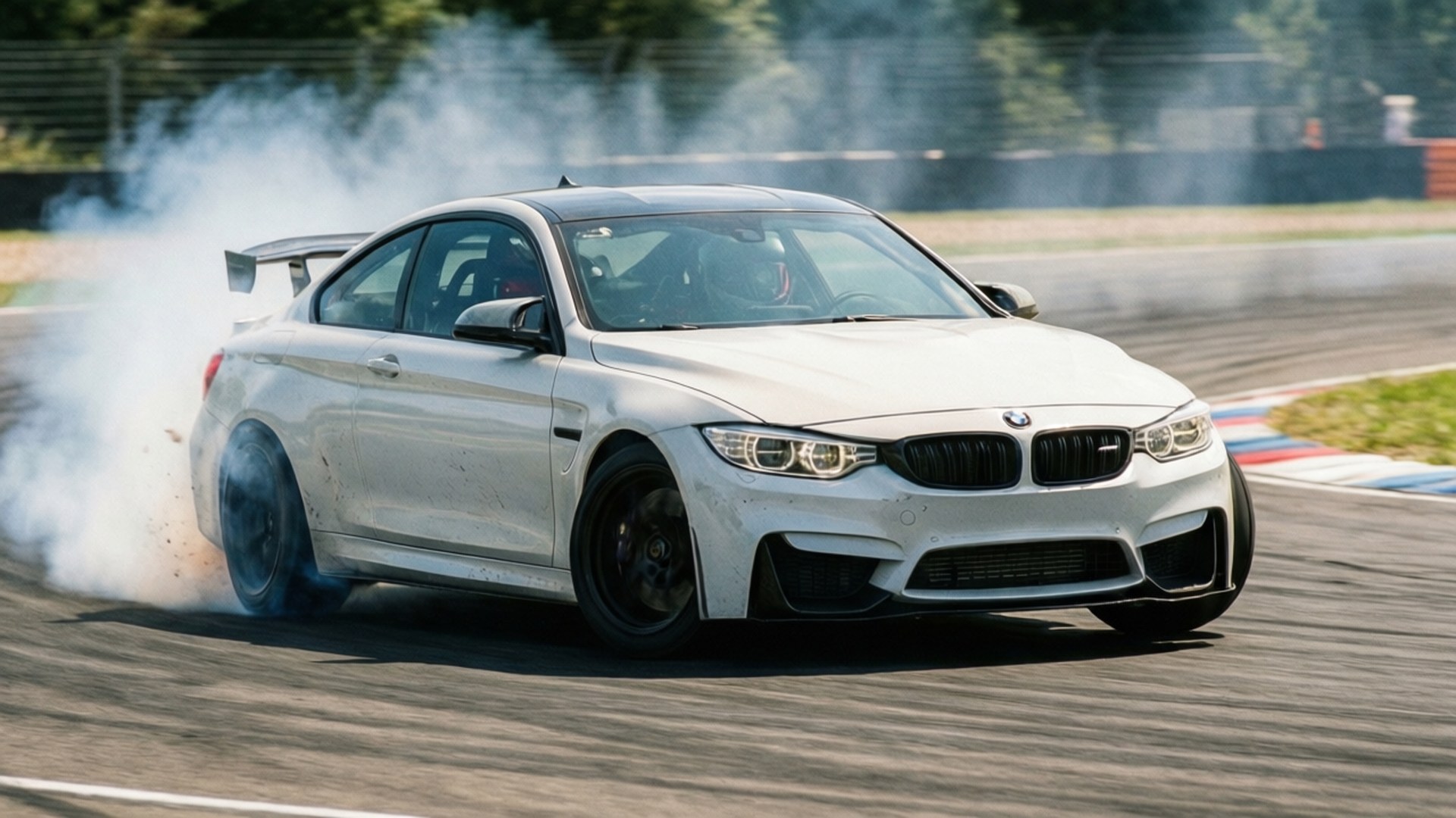 Drift King 壁紙 — 一輛白色BMW M4在賽道上激進地甩尾，後輪胎冒出濃煙。