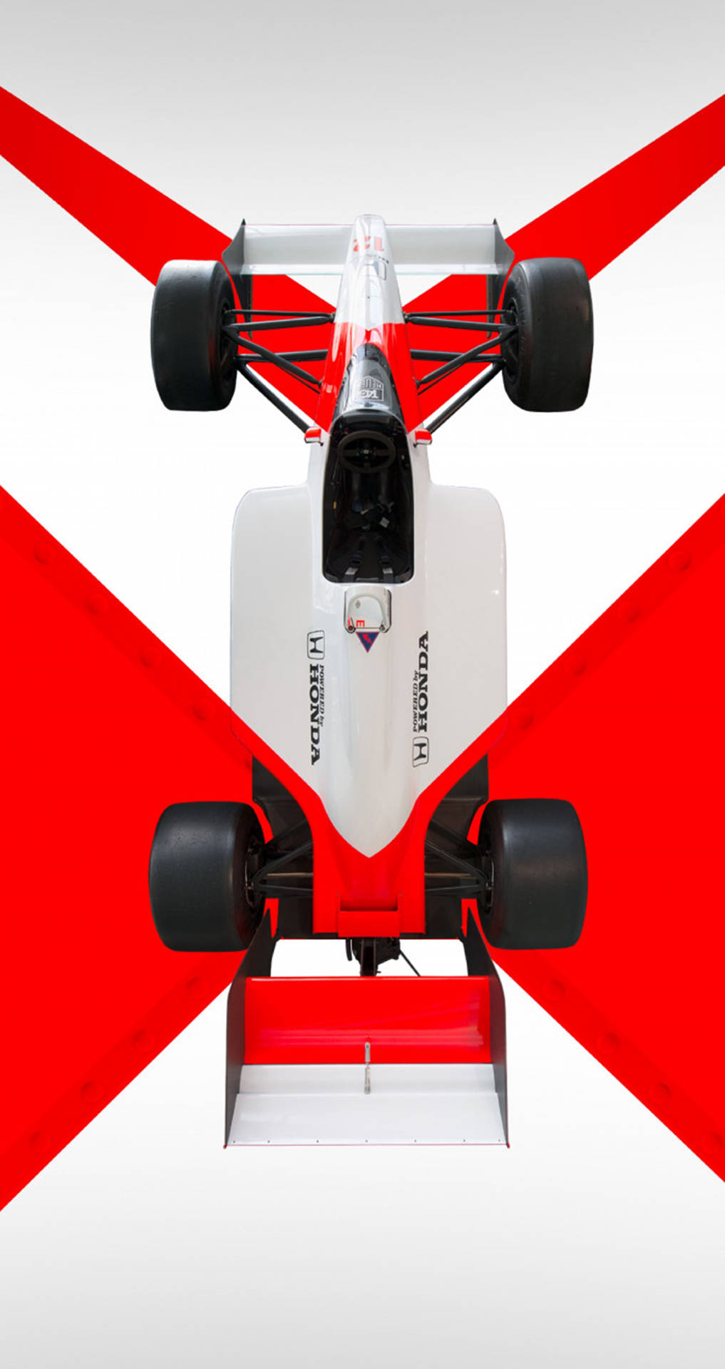 紅色十字背景上，一輛白色和紅色的本田F1賽車的俯視圖。 — F1 壁紙