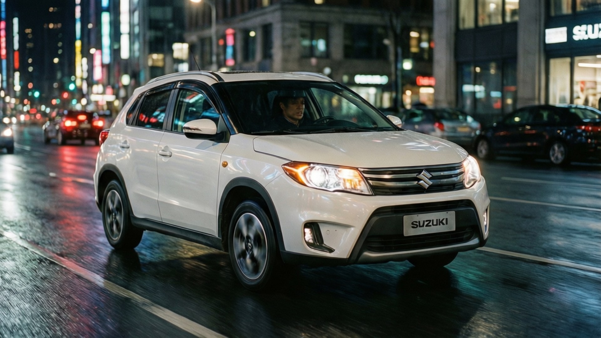 Vitara Neon Nights 壁紙 — 一輛白色鈴木SUV在夜間駛過被雨水浸濕的城市街道，發光的霓虹燈反射在濕漉漉的路面上。