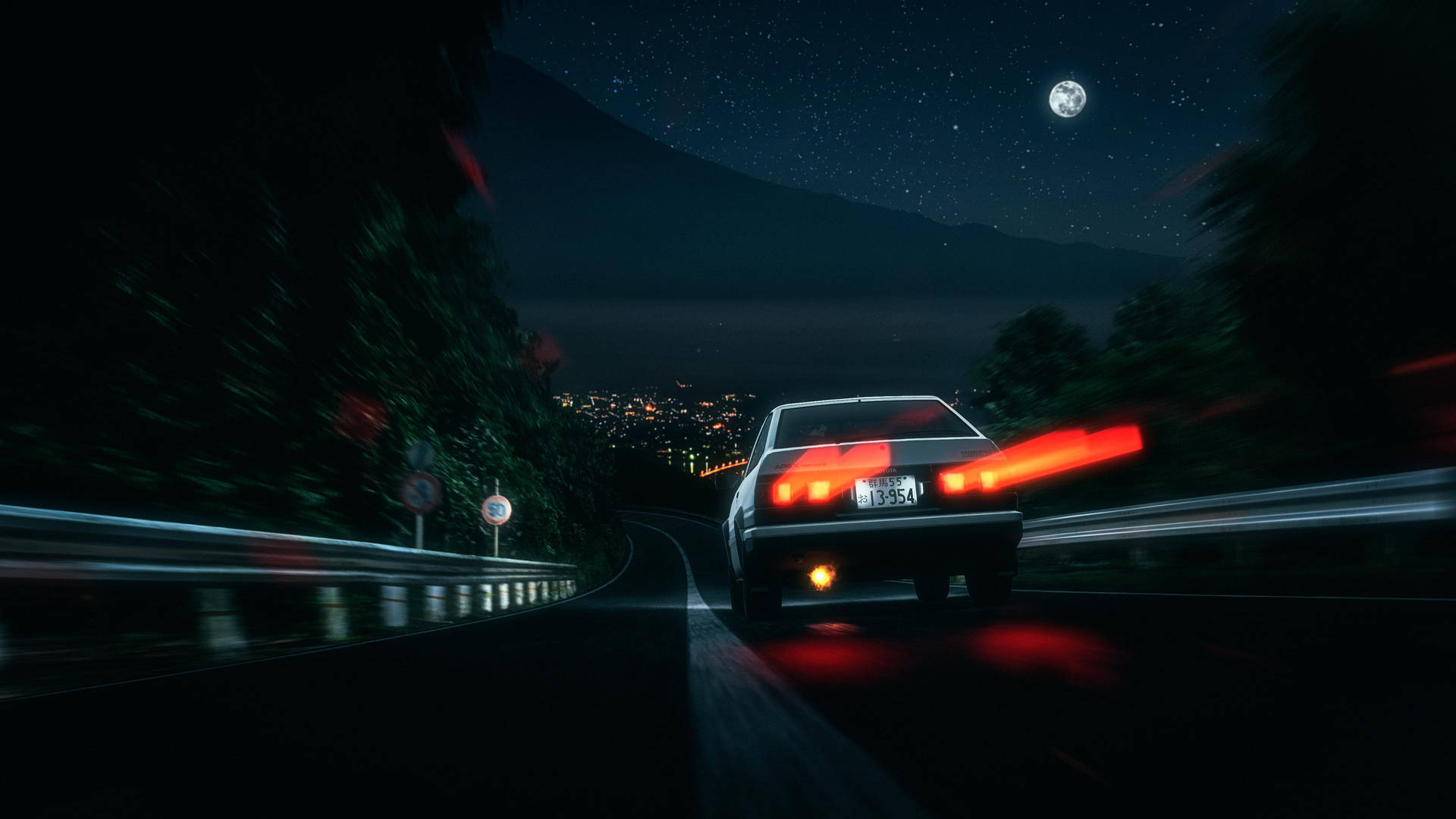 白色跑車在滿月和星星下的夜晚在山路上疾馳 — 頭文字D 壁紙