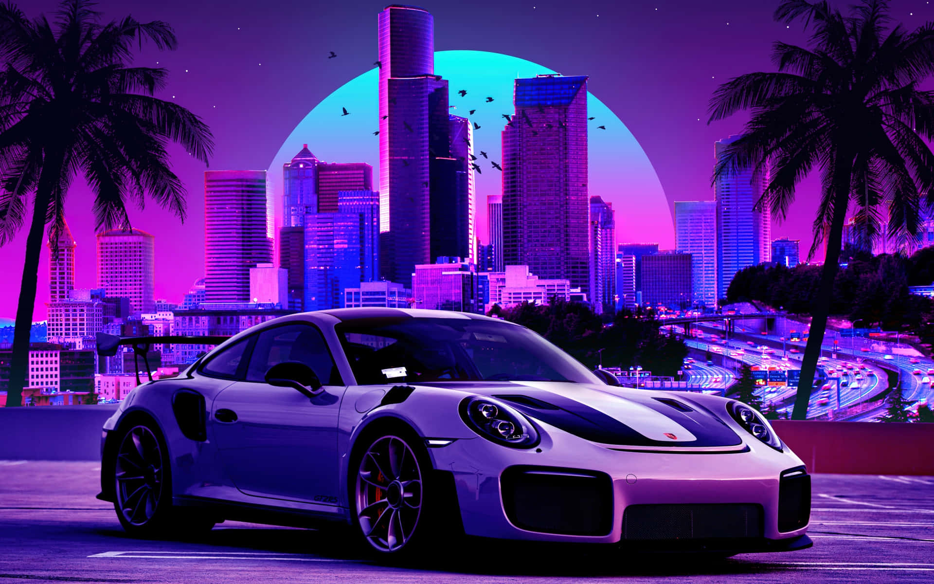  壁紙 — 一輛白色跑車在霓虹紫色的夕陽下閃閃發光，背景是棕櫚樹環繞的未來城市天際線。
