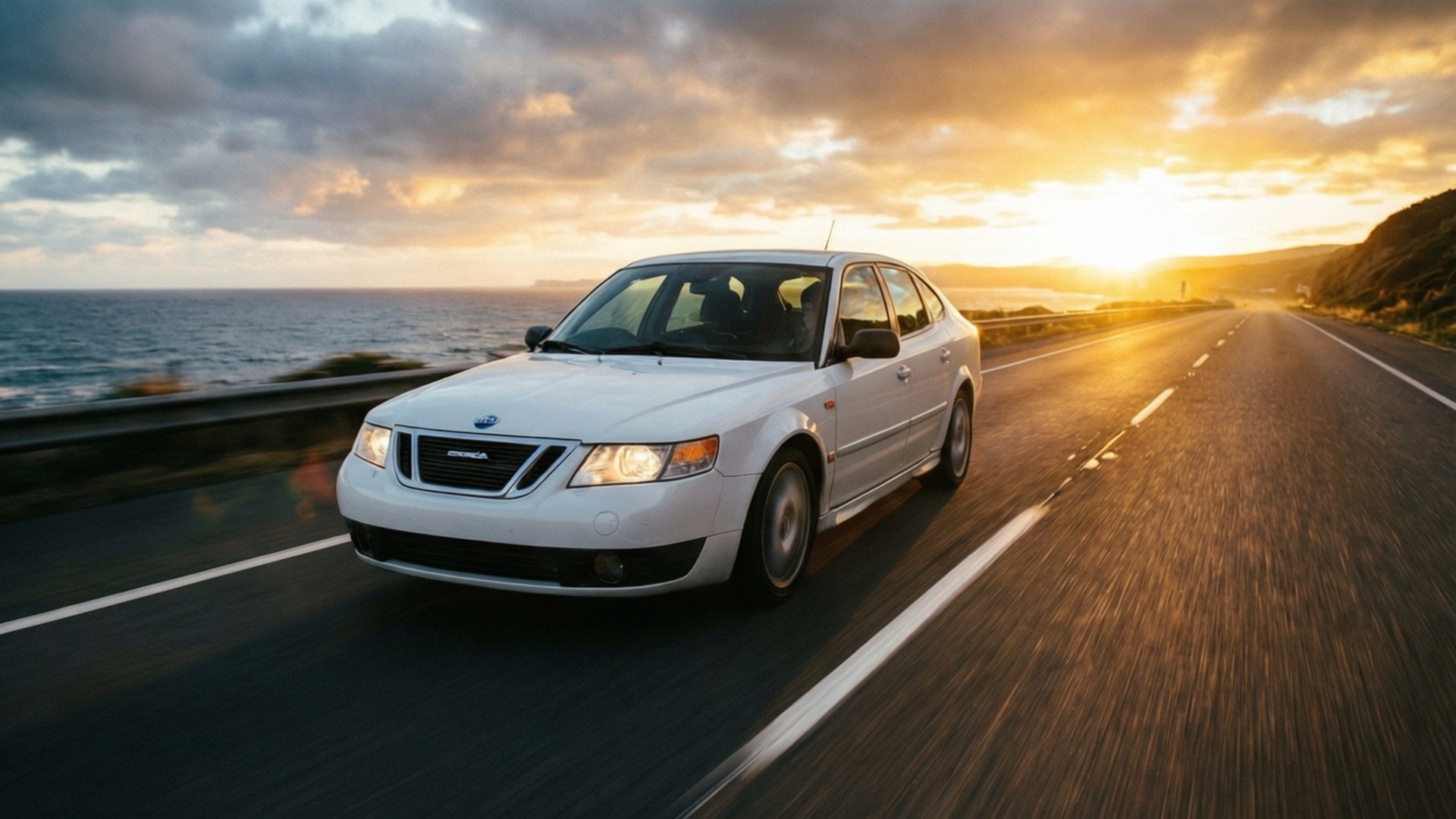 Saab 桌布 壁紙 — 一輛白色Saab轎車在日落時分沿著海岸高速公路疾駛，金色的光線反射在海面和道路上。