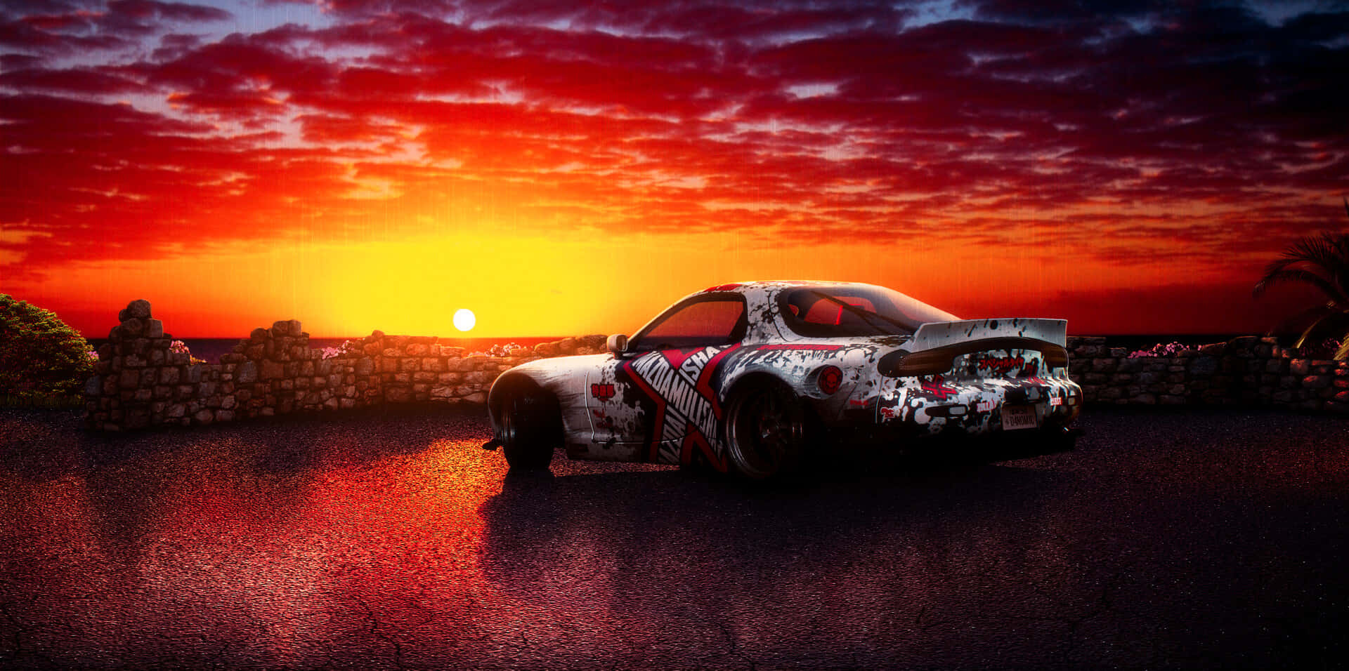  壁紙 — 一輛佈滿塗鴉的跑車停在濕漉漉的路上，夕陽西下，石牆上空燃燒著橙紅色的雲彩。