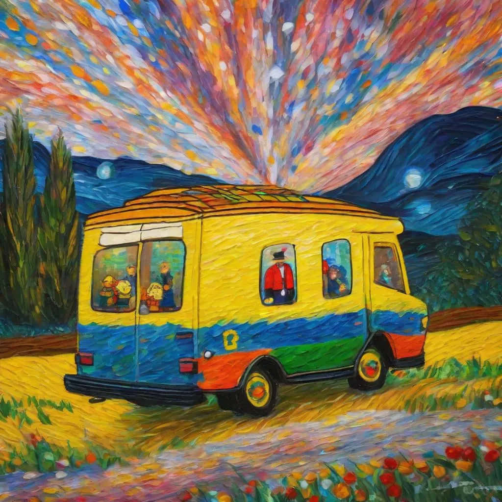  壁紙 — 一輛充滿活力的黃色麵包車帶有彩虹條紋，在旋轉多彩的天空下行駛在花田中。