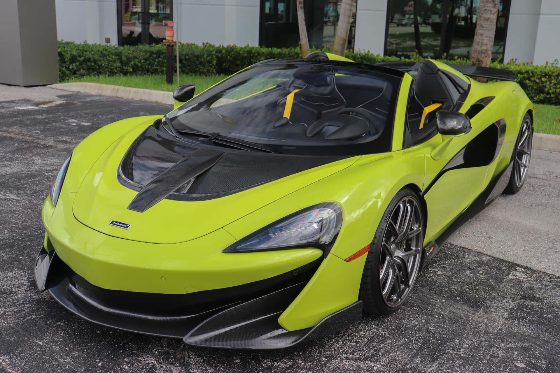 Mclaren 600lt Spider 桌布 壁紙 — 一輛充滿活力的萊姆綠McLaren 650S Spider敞篷跑車停在柏油路上，帶有黑色飾邊和流線型空氣動力學設計。