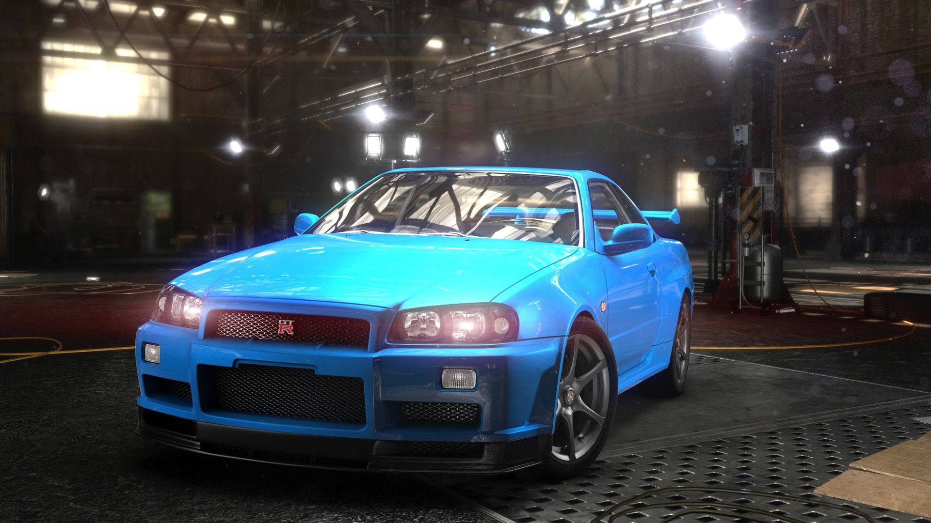 藍色日產Skyline GT-R在光線昏暗的車庫中，配有聚光燈。 — 3D 壁紙