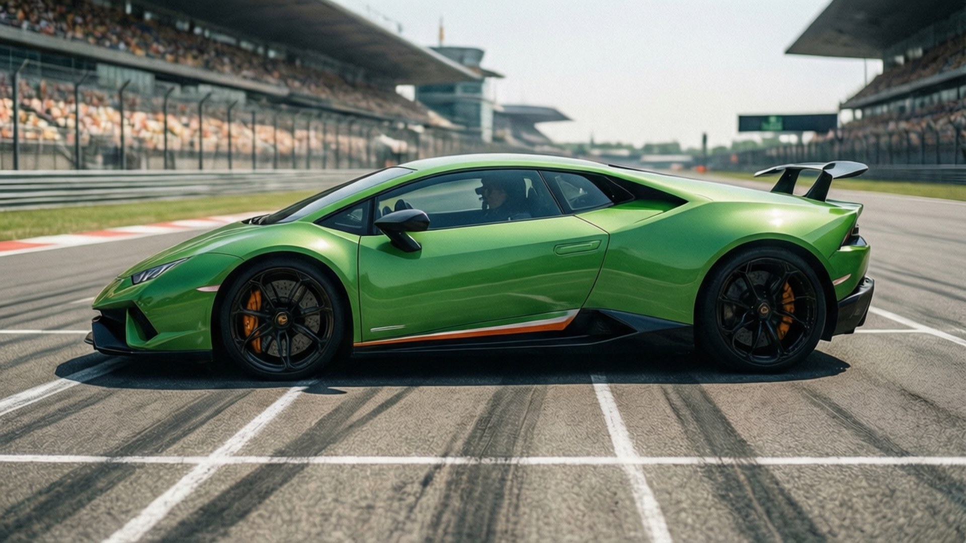 Green Huracán on Track 壁紙 — 一輛充滿活力的綠色藍寶堅尼 Huracán Performante 停在陽光普照的賽道上，背景是坐滿觀眾的看台。