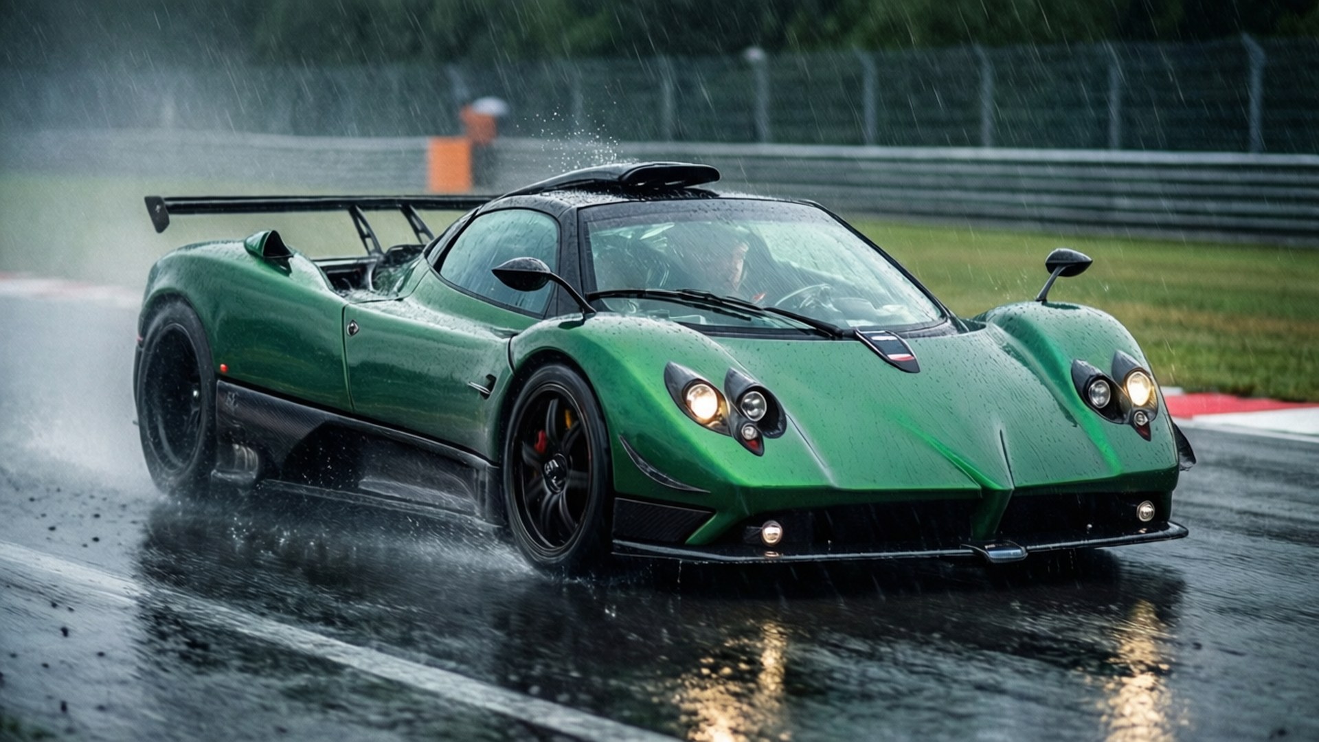 Green Zonda Rain 壁紙 — 一輛充滿活力的綠色帕加尼Zonda跑車在暴雨中疾馳，在濕滑的賽道上激起水花。