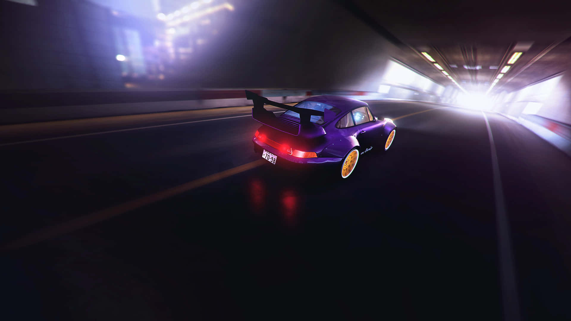  壁紙 — 一輛充滿活力的紫色跑車，帶有發光的車輪，在黑暗的隧道中疾馳，隧道被條紋燈光照亮。