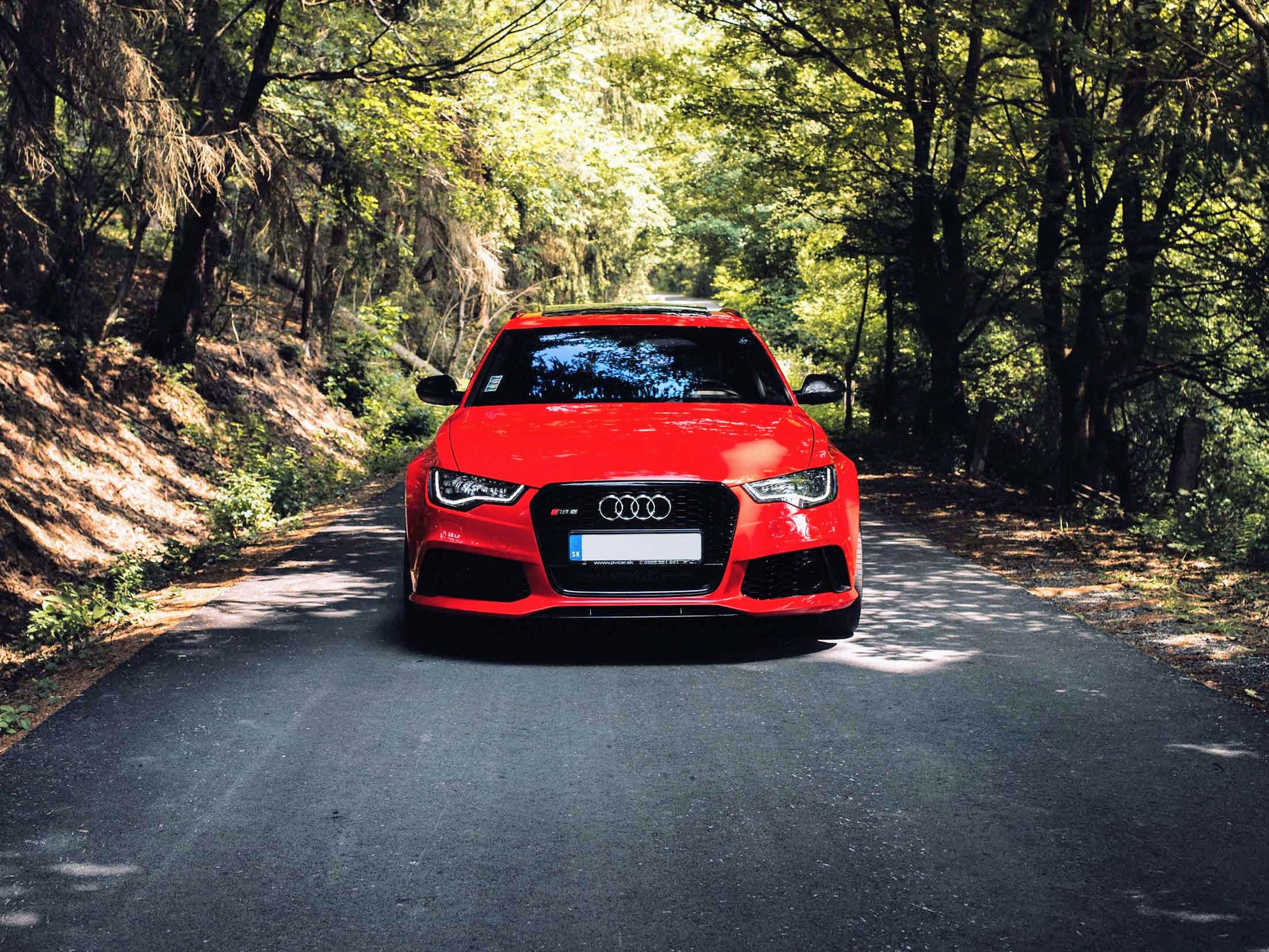 Audi A3 桌布 壁紙 — 一輛充滿活力的紅色奧迪RS3跑車行駛在一條陽光斑駁的森林道路上，兩旁是高聳的綠樹。