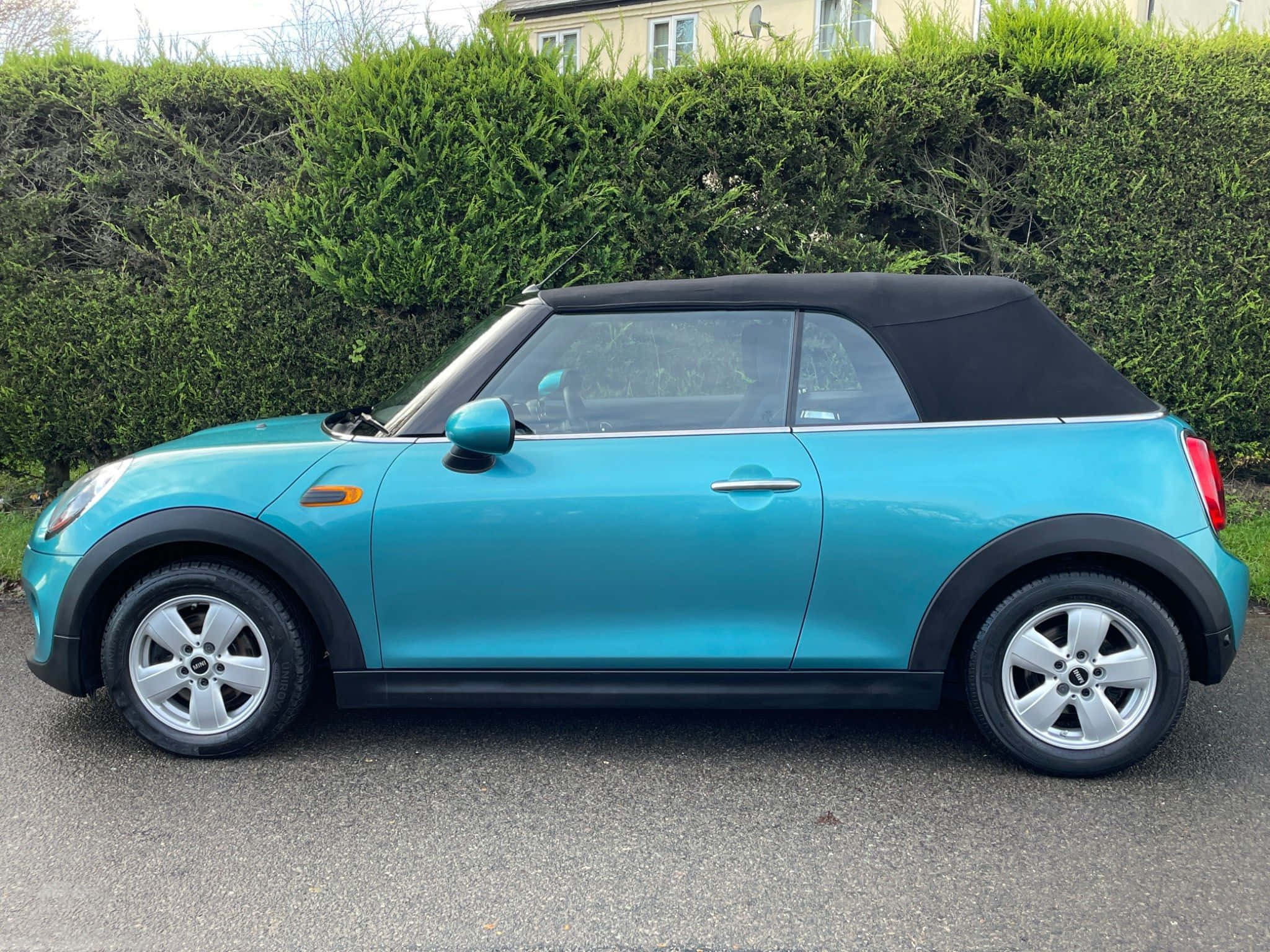 Mini Cooper Convertible 桌布 壁紙 — 一輛充滿活力的綠松色MINI Cooper敞篷車停在柏油路上，背景有茂密的綠色籬笆和房屋。