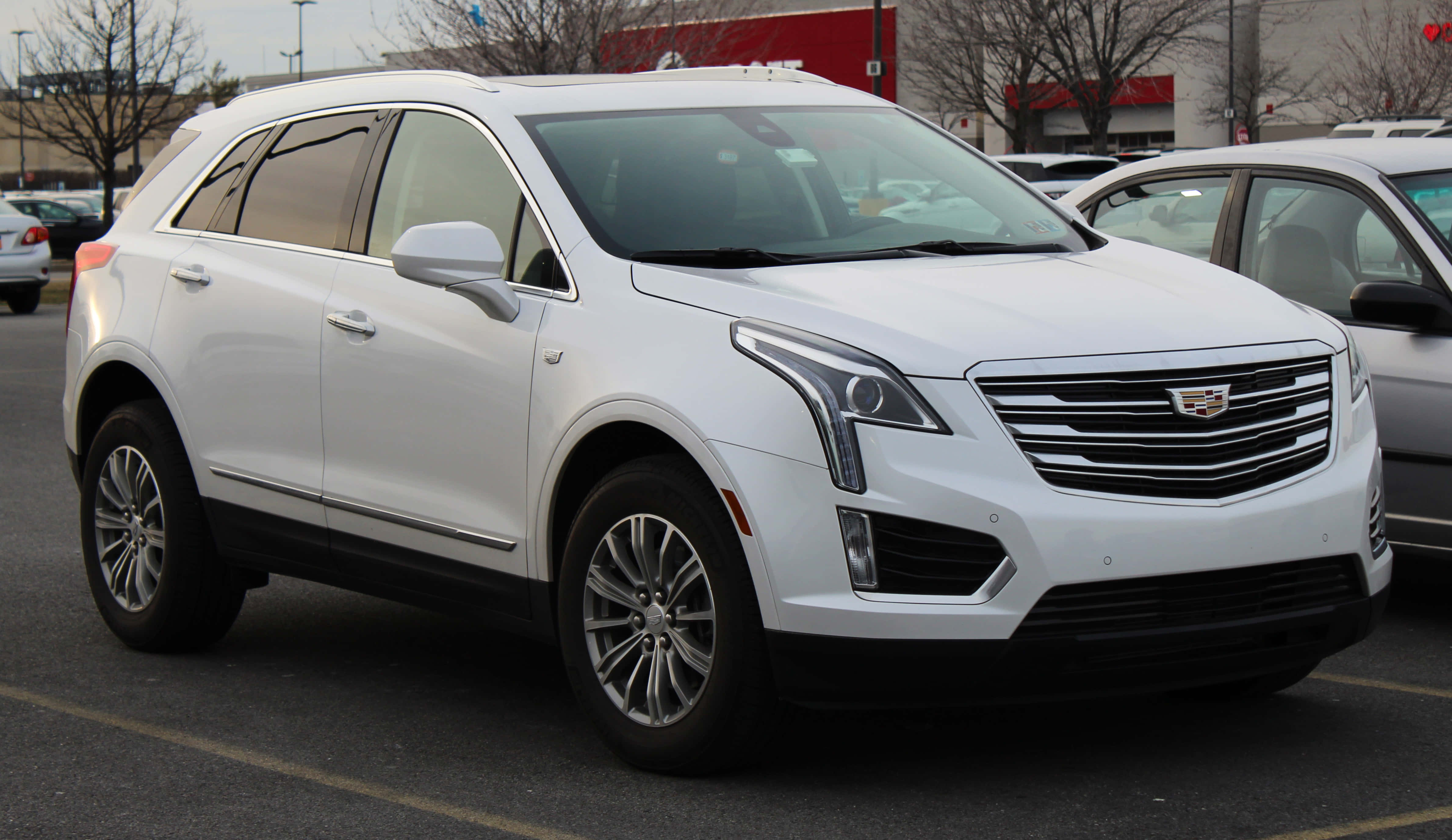 Cadillac Xt5 桌布 壁紙 — 一輛純白色的 Cadillac XT5 SUV 停在一個有光禿樹木和陰天天空的停車場。