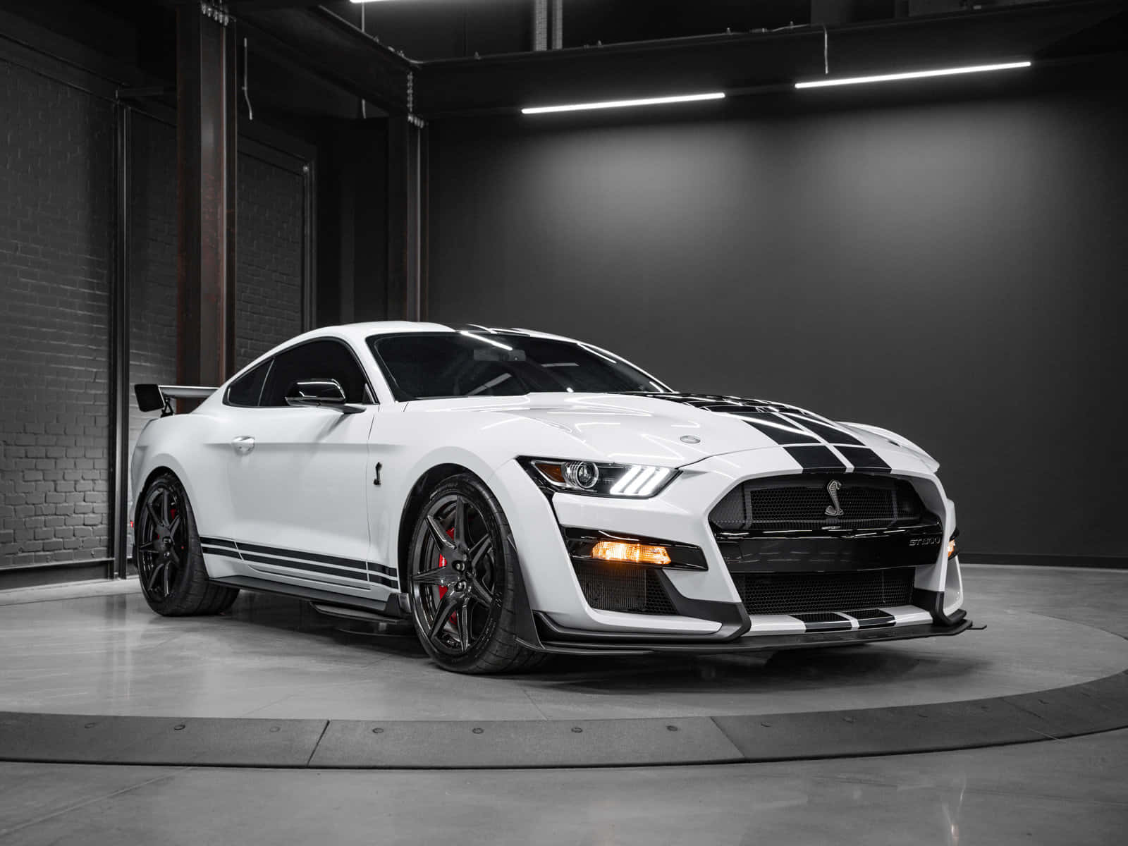  壁紙 — 一輛純白色的福特野馬 Shelby GT500，帶有黑色賽車條紋和紅色制動卡鉗，在明亮的頂燈下展示於時尚現代的車庫中。