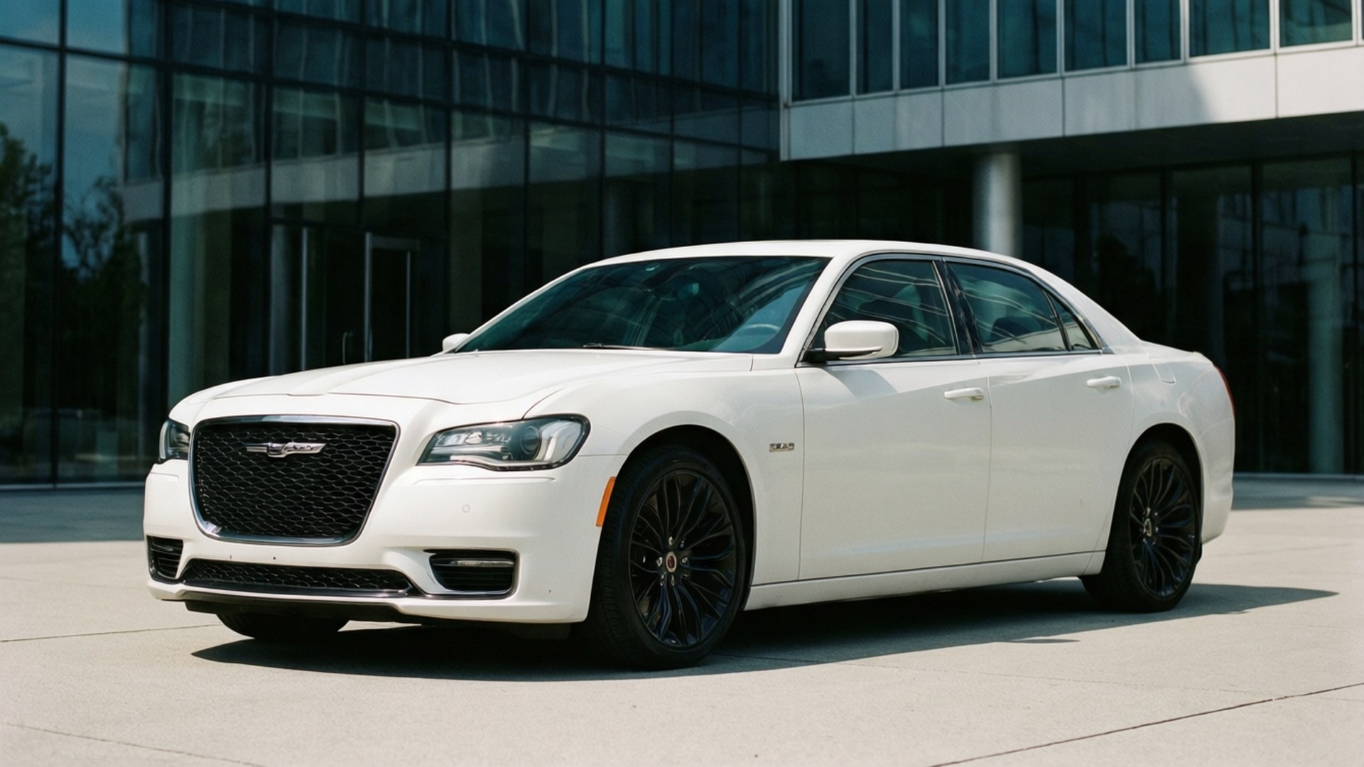 White Letter Elegance 壁紙 — 一輛純白色的克萊斯勒300轎車配黑色輪圈，停在現代玻璃建築前的混凝土廣場上。
