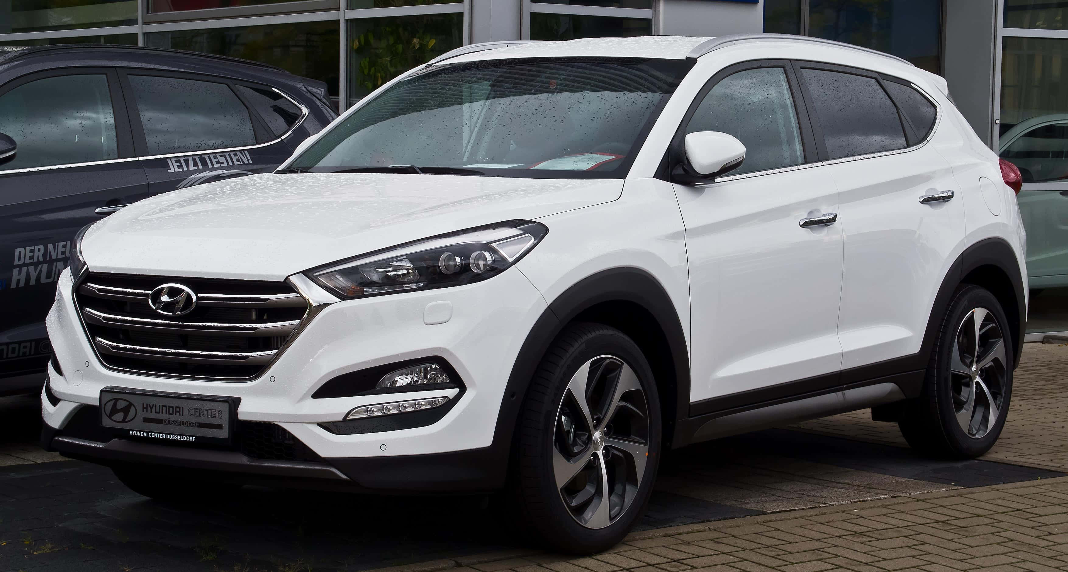 Hyundai Tucson 桌布 壁紙 — 一輛純白色的現代Tucson SUV停放在磚砌車道上，前方是玻璃窗的經銷商。