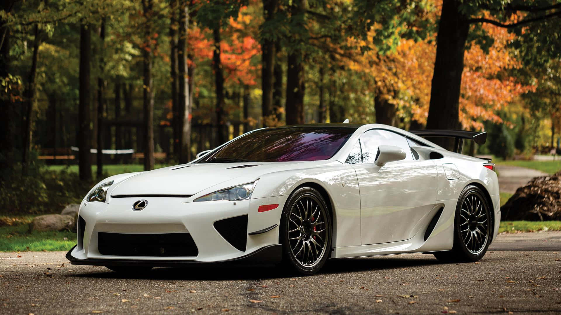 Lexus Lfa 桌布 壁紙 — 一輛純白色的Lexus LFA跑車停泊在森林道路上，周圍是充滿活力的秋葉。